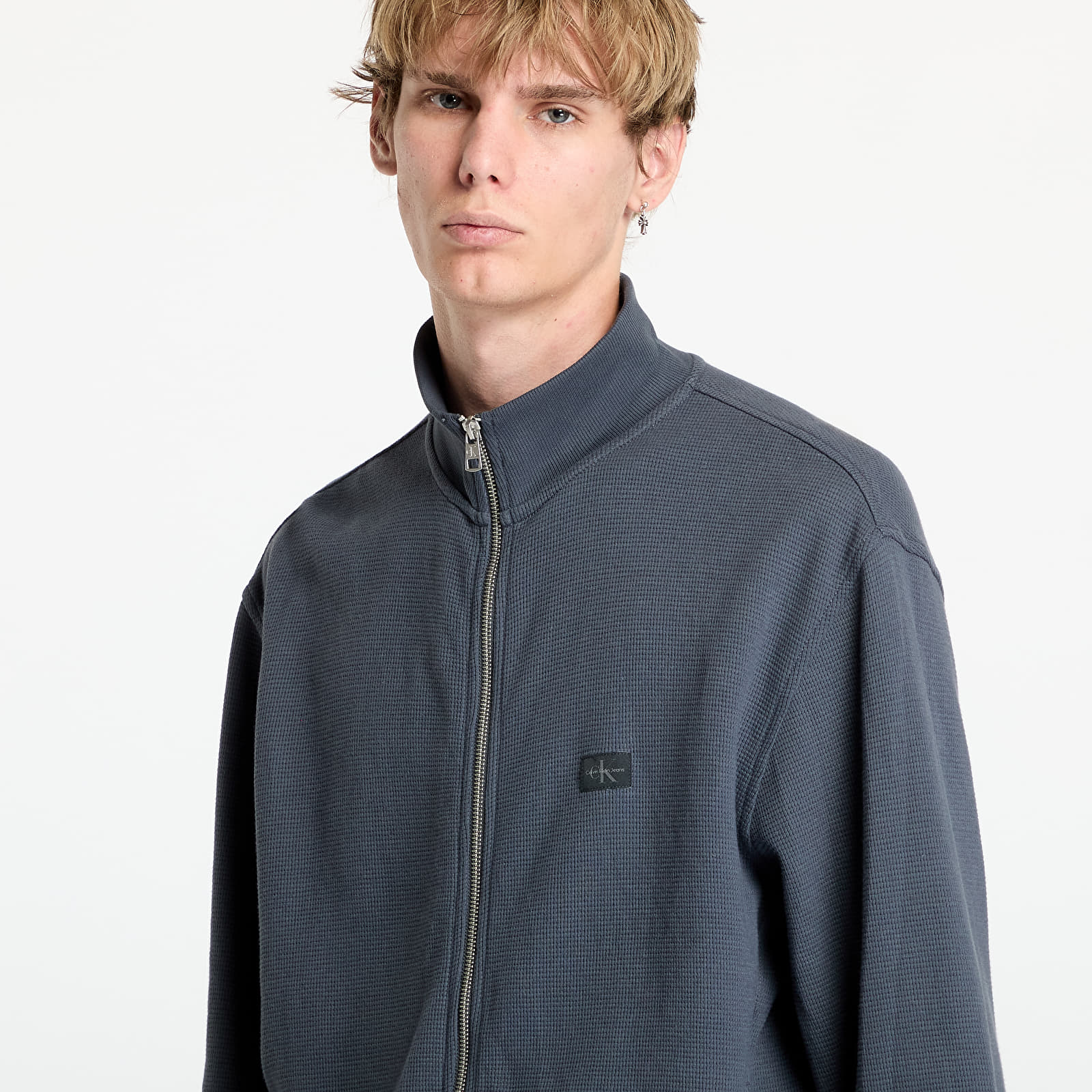 Hanorace pentru bărbați Calvin Klein Jeans Woven Label Waffle Jacket Ebony