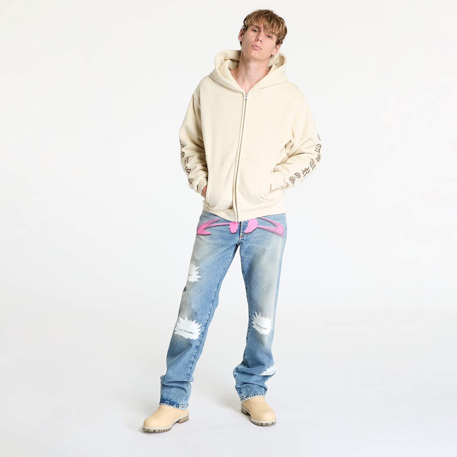 Pánské mikiny PLEASURES Oe Zip Up Hoodie Natural