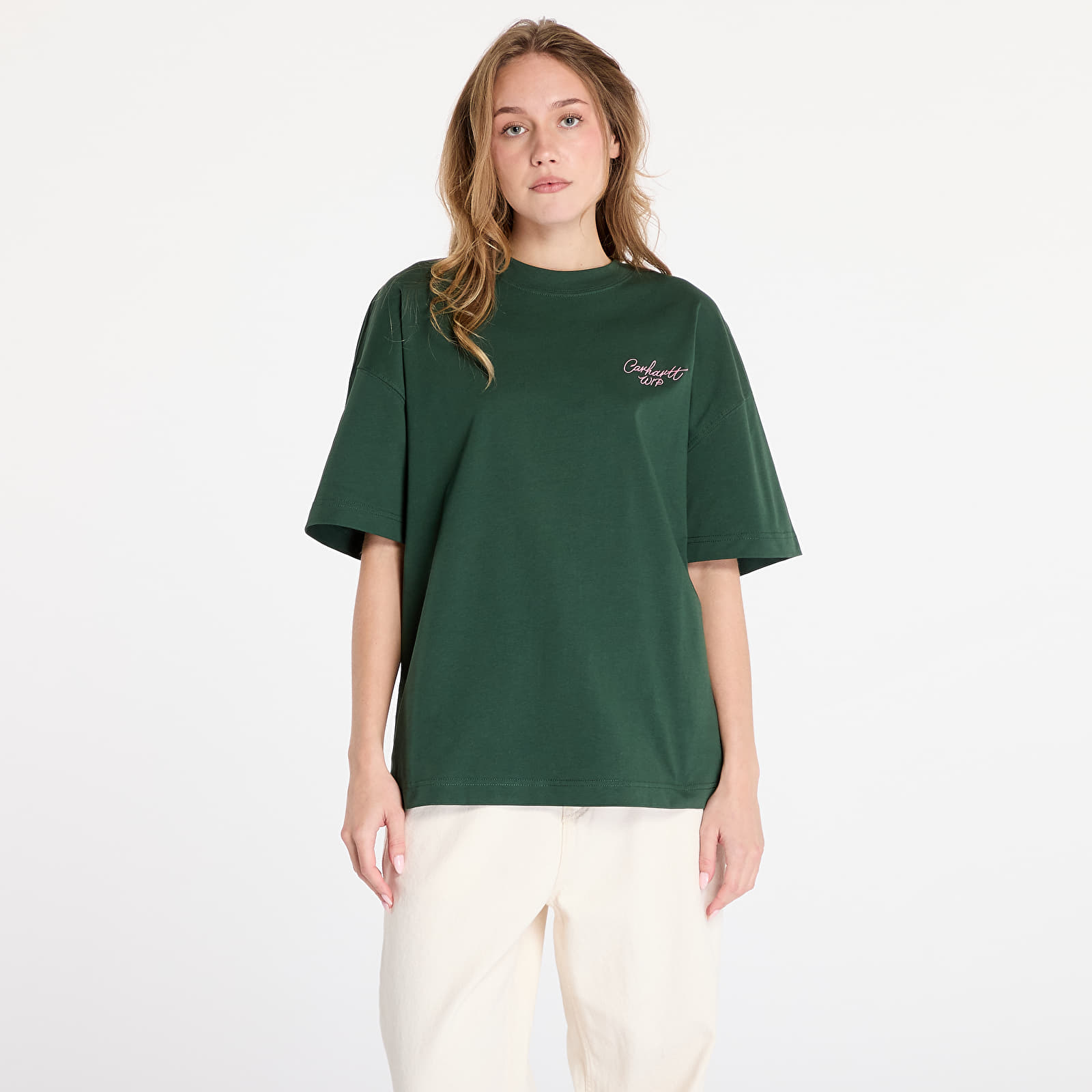 Trička Carhartt WIP S/S Signature Script T-Shirt UNISEX Sycamore Tree/ Dusty Rose