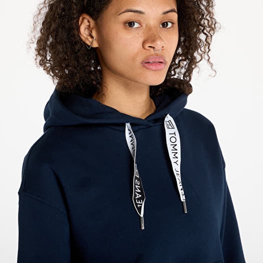 Women s Sweatshirts Tommy Jeans Boxy Logo Drawcord Hoodie Navy Queens