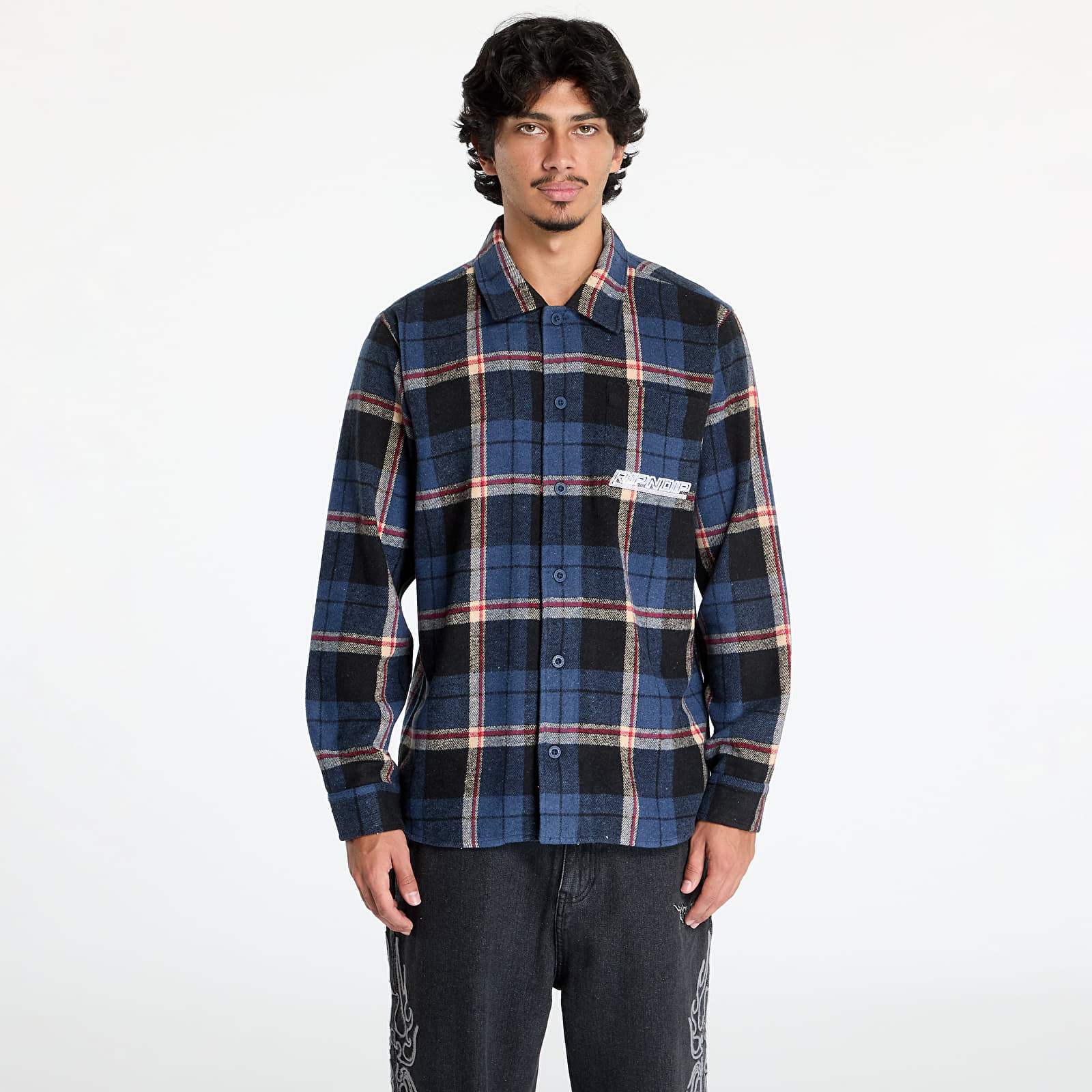 Camisas para hombre RIPNDIP Robo Button Up Flannel Shirt Navy