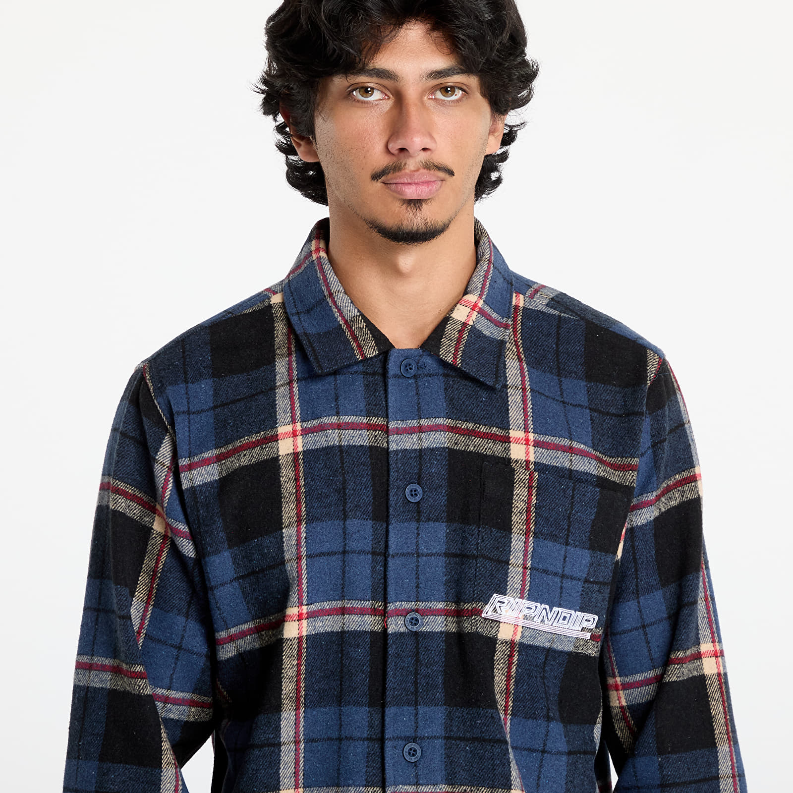 Camisas para hombre RIPNDIP Robo Button Up Flannel Shirt Navy