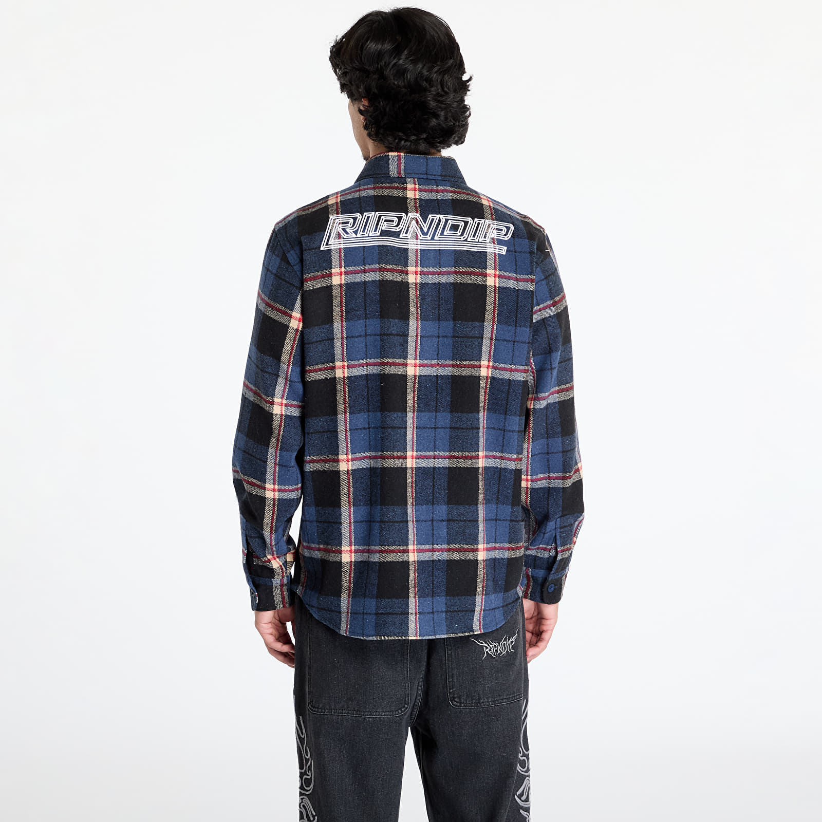Camisas para hombre RIPNDIP Robo Button Up Flannel Shirt Navy