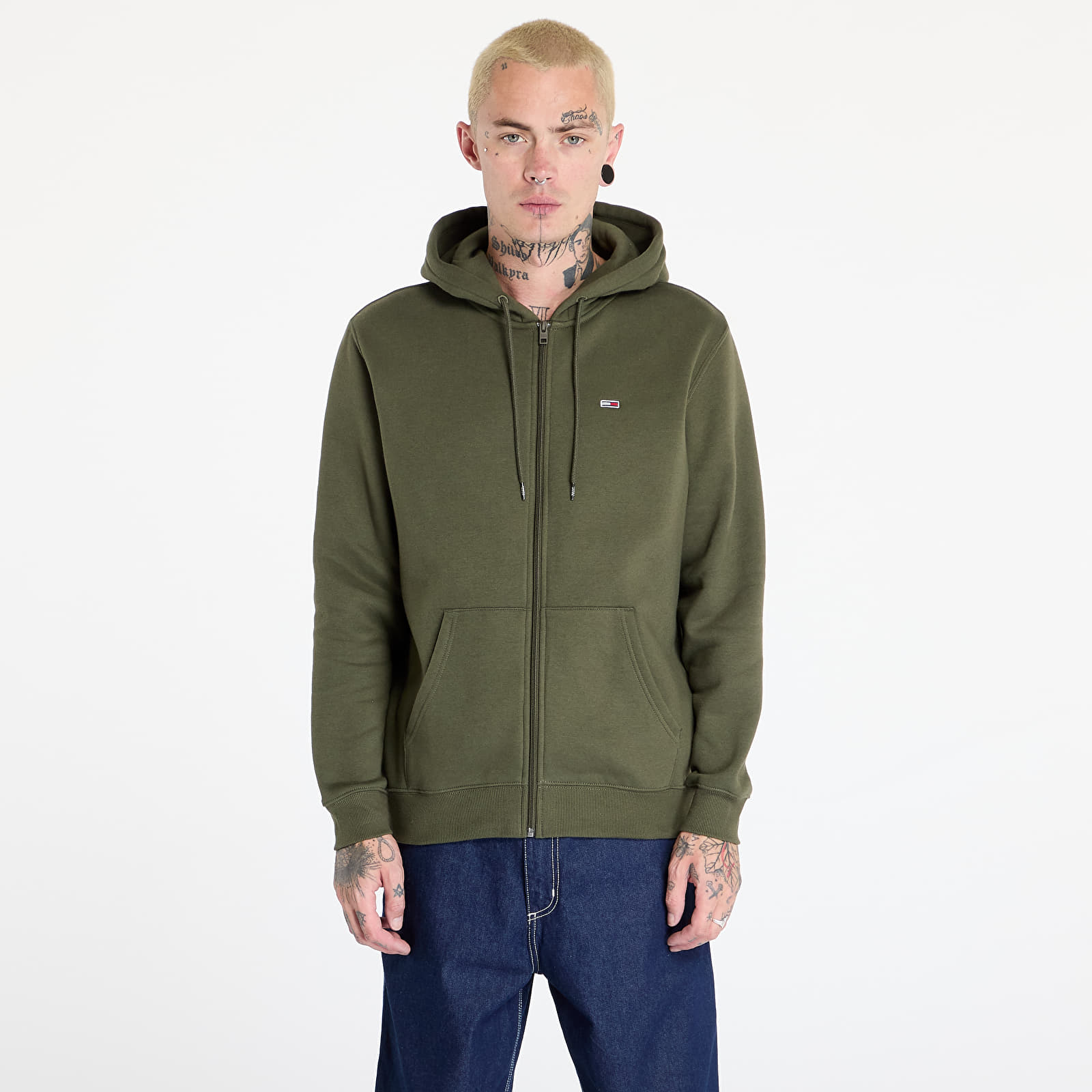 Bluzy męskie Tommy Jeans Regular Flag Zip Through Hoodie Fatique Green