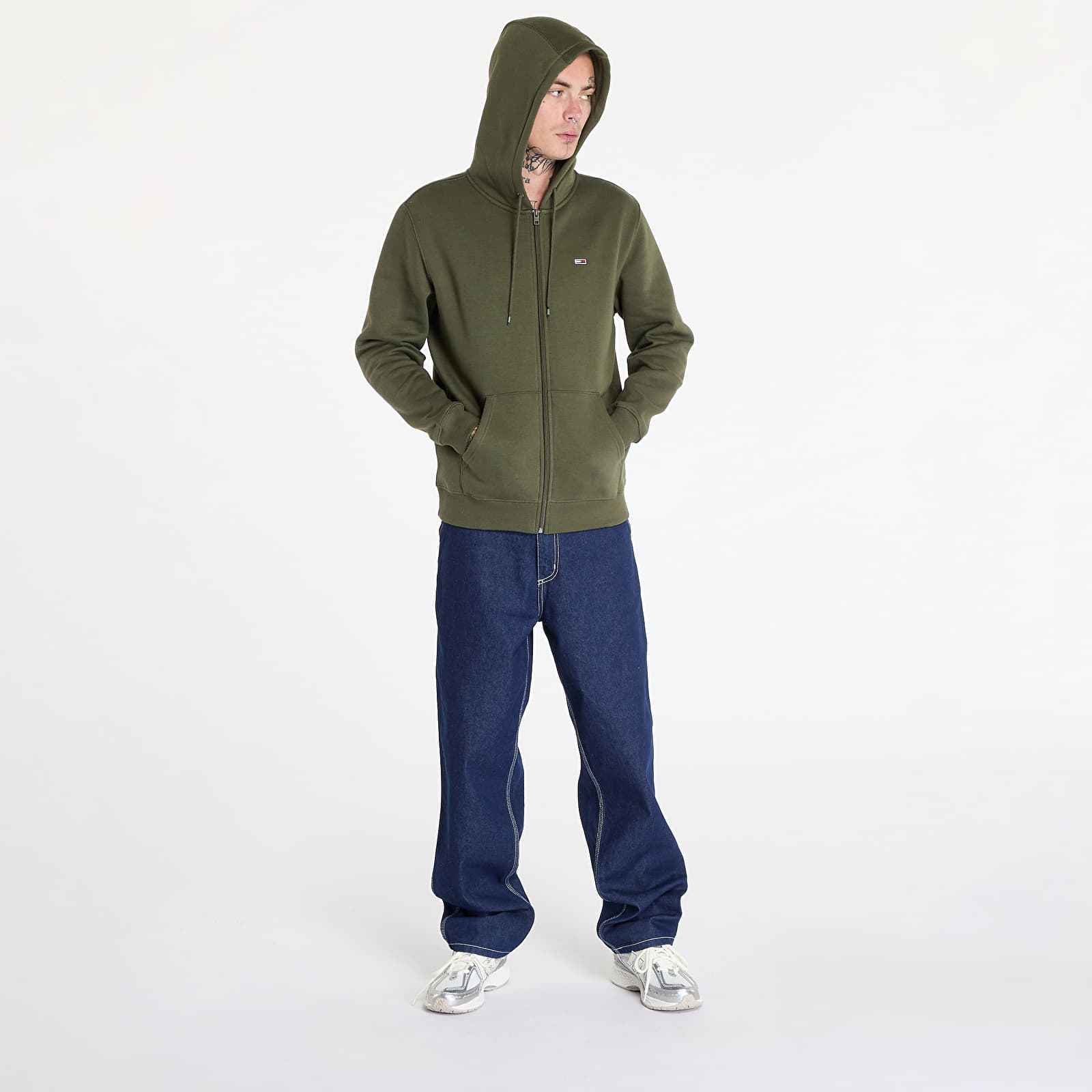 Bluzy męskie Tommy Jeans Regular Flag Zip Through Hoodie Fatique Green
