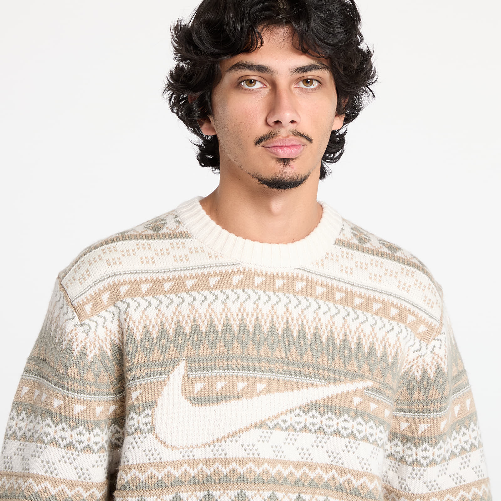 Pulóverek Nike Life Fair Isle Swoosh Sweater Light Orewood Brown/ Sail/ Khaki