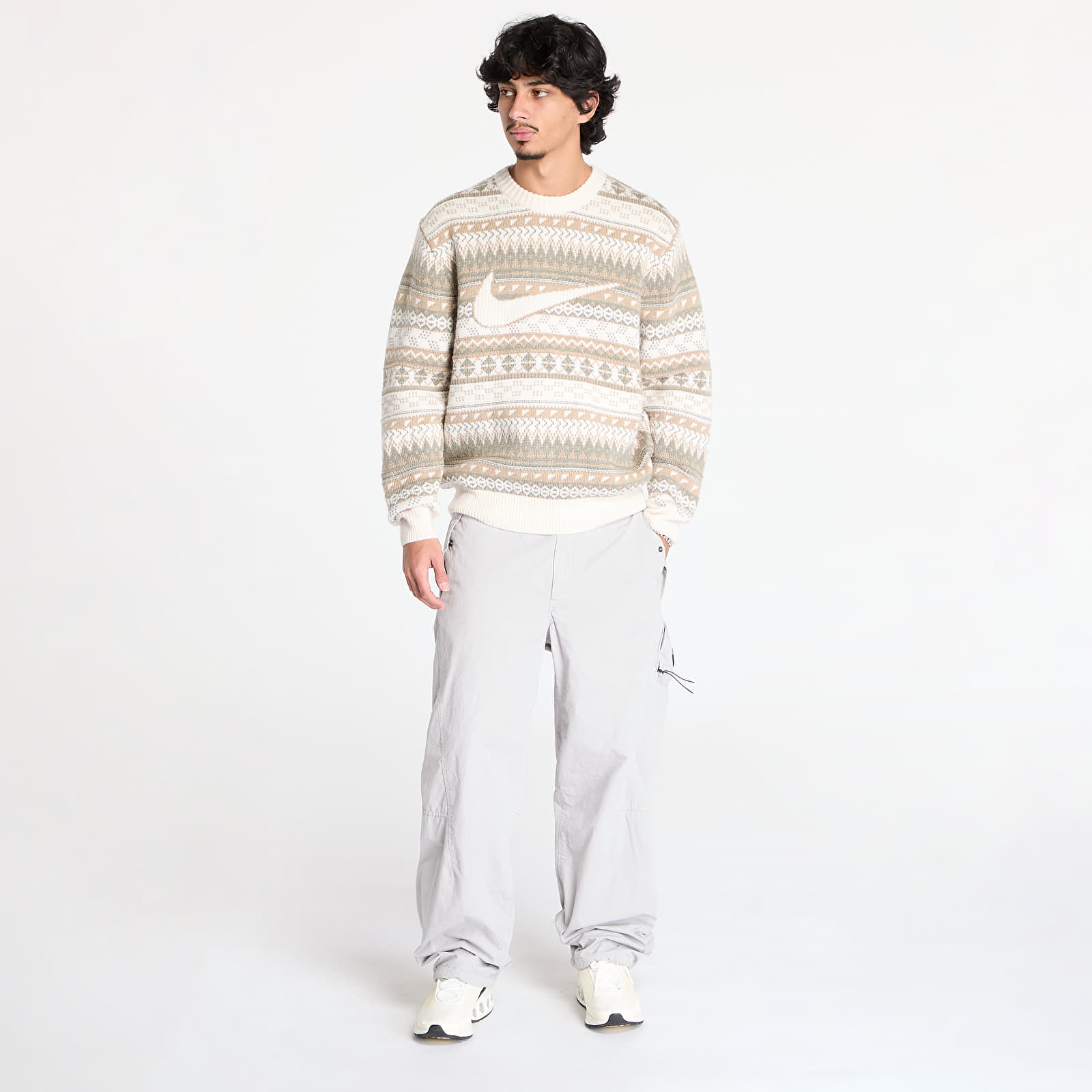 Pulóverek Nike Life Fair Isle Swoosh Sweater Light Orewood Brown/ Sail/ Khaki