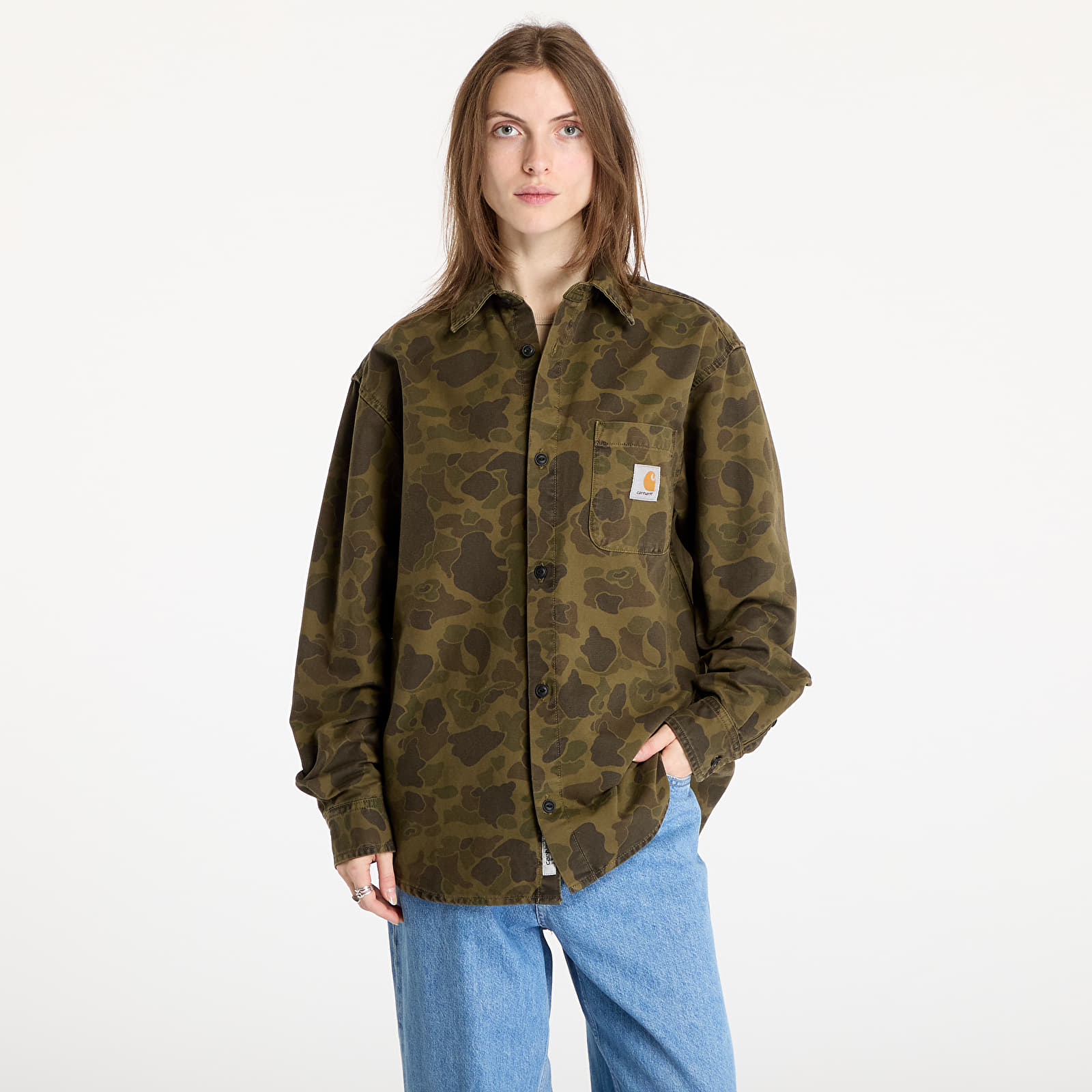 Cămăși pentru bărbați Carhartt WIP Long Sleeve Duck Shirt UNISEX Camo Duck/ Green/ Office Green Garment Dyed