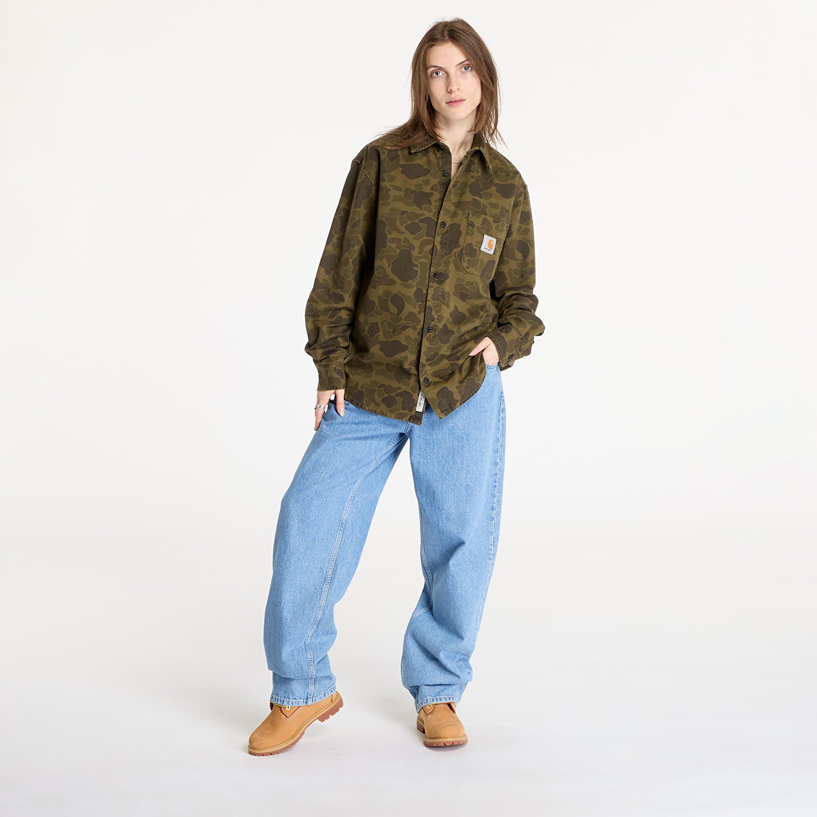 Miesten paidat Carhartt WIP Long Sleeve Duck Shirt UNISEX Camo Duck/ Green/ Office Green Garment Dyed