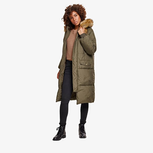 Urban Classics Ladies Oversize Faux Fur Puffer Coat Darkolive/ Beige