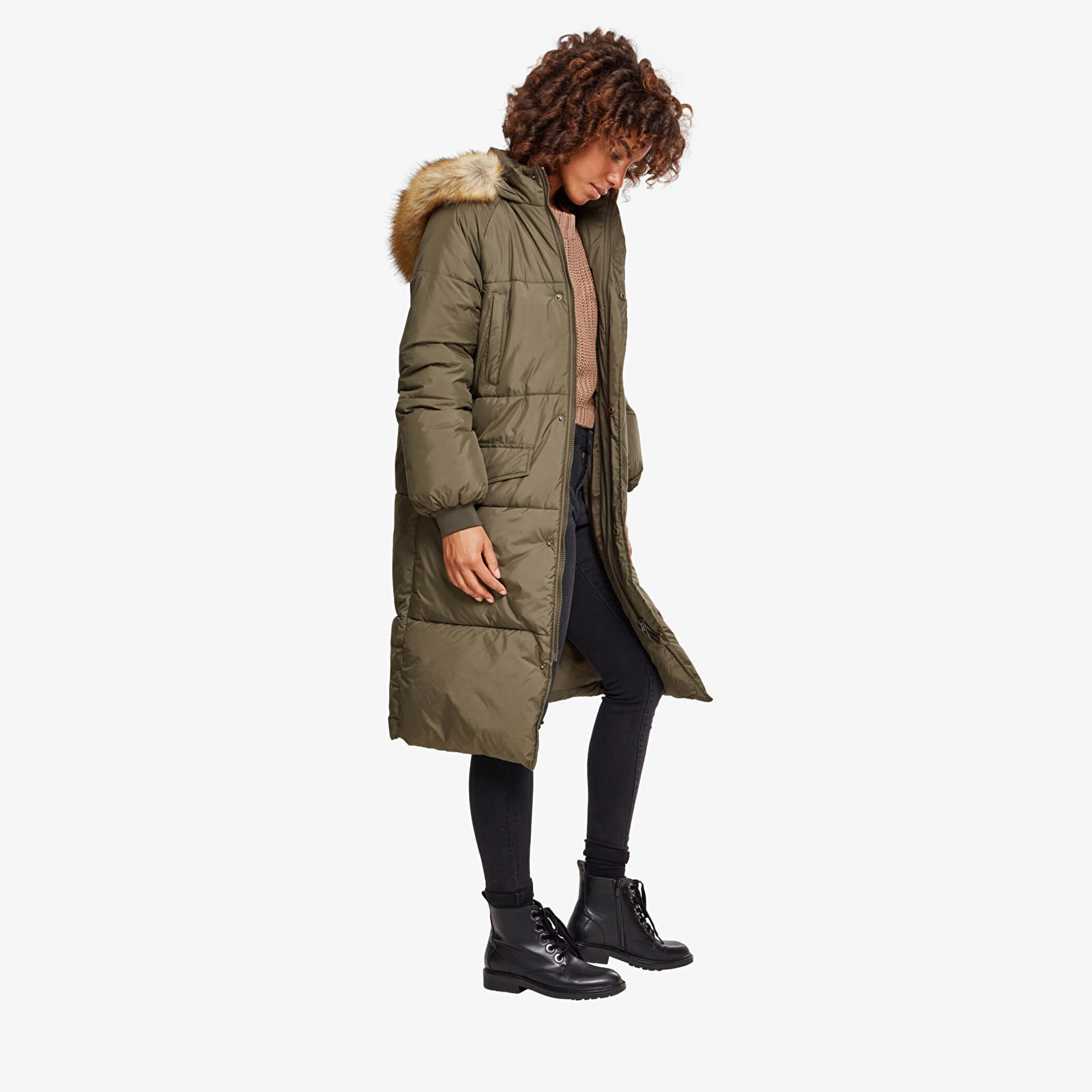 Jakker og frakker Urban Classics Ladies Oversize Faux Fur Puffer Coat Darkolive/ Beige