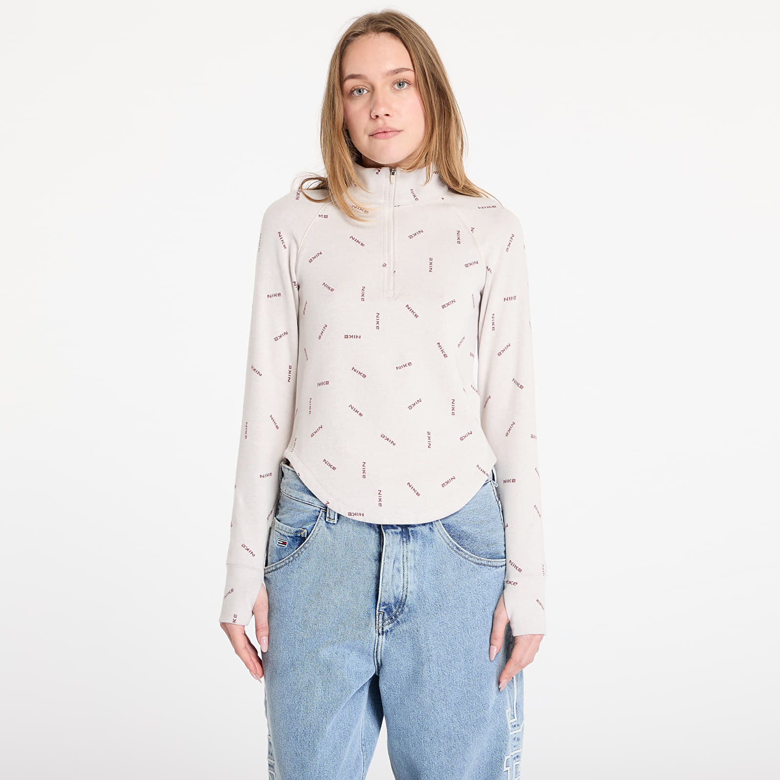 Marškinėliai Nike Sportswear Collection Women's Logo Half-Zip Long-Sleeve Top Lt Orewood Brn/ Red Sepia/ Lt Orewood Brn