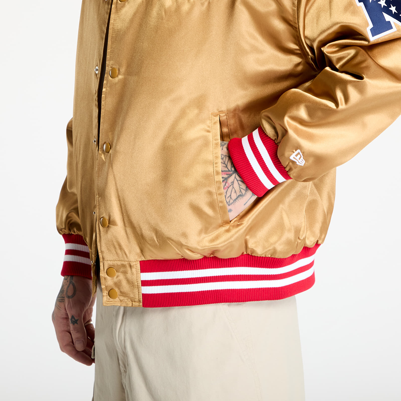Men's bombers New Era San Francisco 49Ers NFL Beige Satin Bomber Jacket UNISEX Bronze/ Scarlet