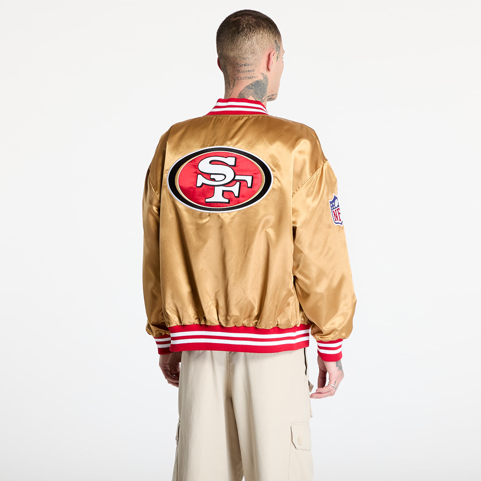 Men's bombers New Era San Francisco 49Ers NFL Beige Satin Bomber Jacket UNISEX Bronze/ Scarlet