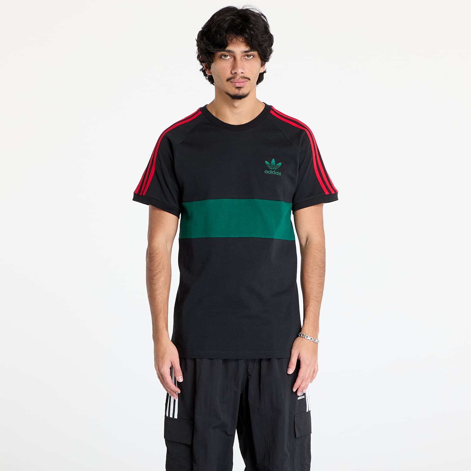 T Shirts adidas 3 Stripes Panel T Shirt Black Core Green Queens
