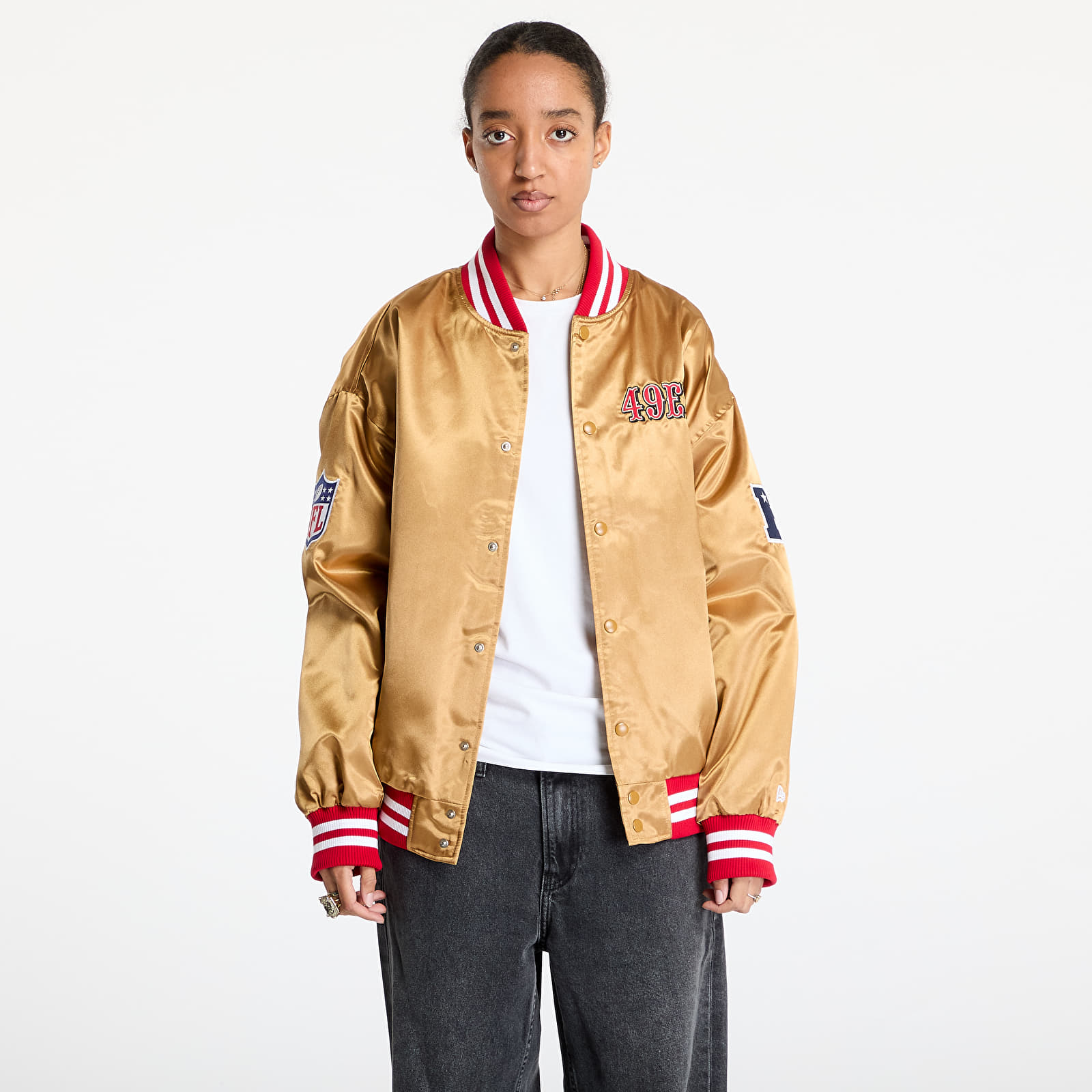 Men's bombers New Era San Francisco 49Ers NFL Beige Satin Bomber Jacket UNISEX Bronze/ Scarlet