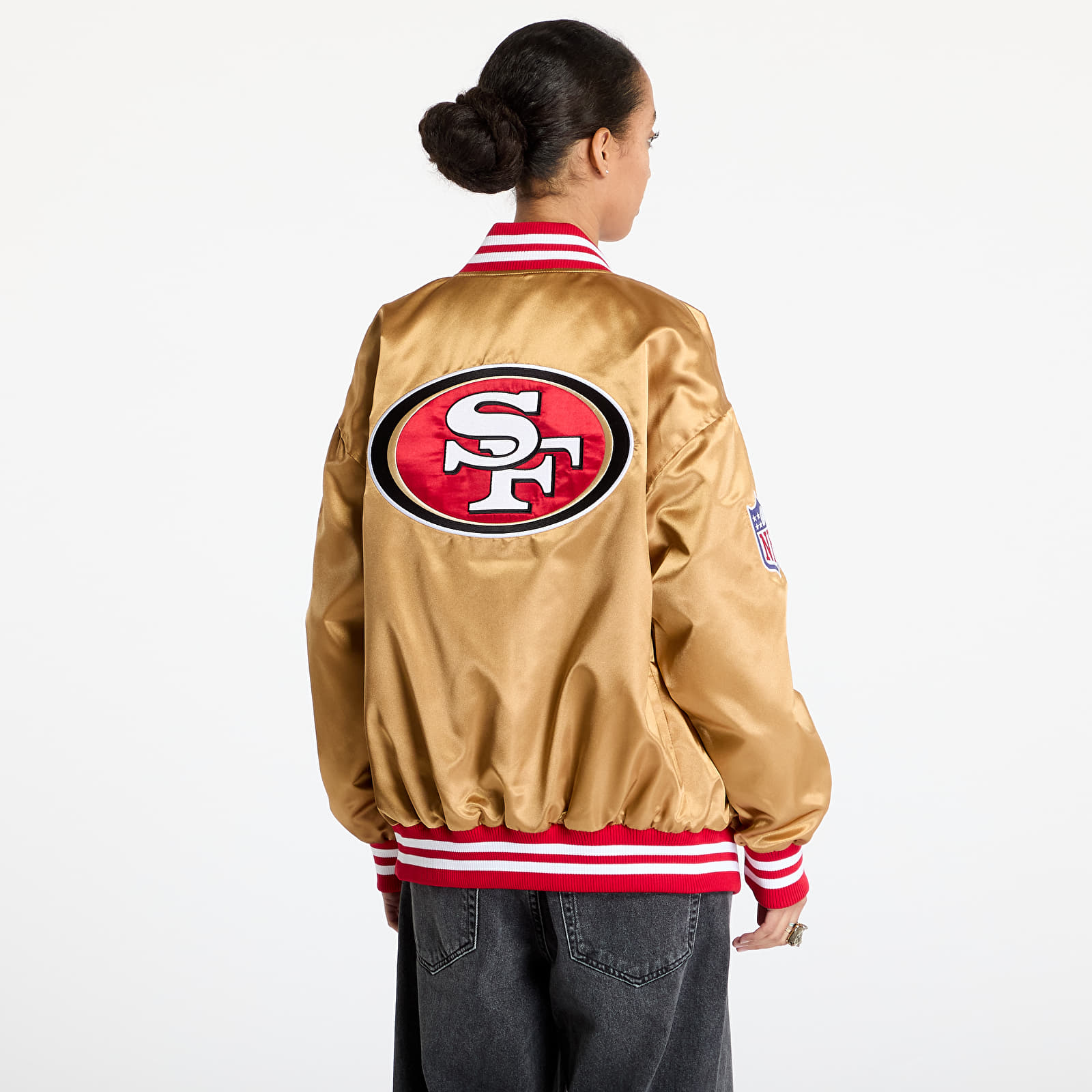 Men's bombers New Era San Francisco 49Ers NFL Beige Satin Bomber Jacket UNISEX Bronze/ Scarlet