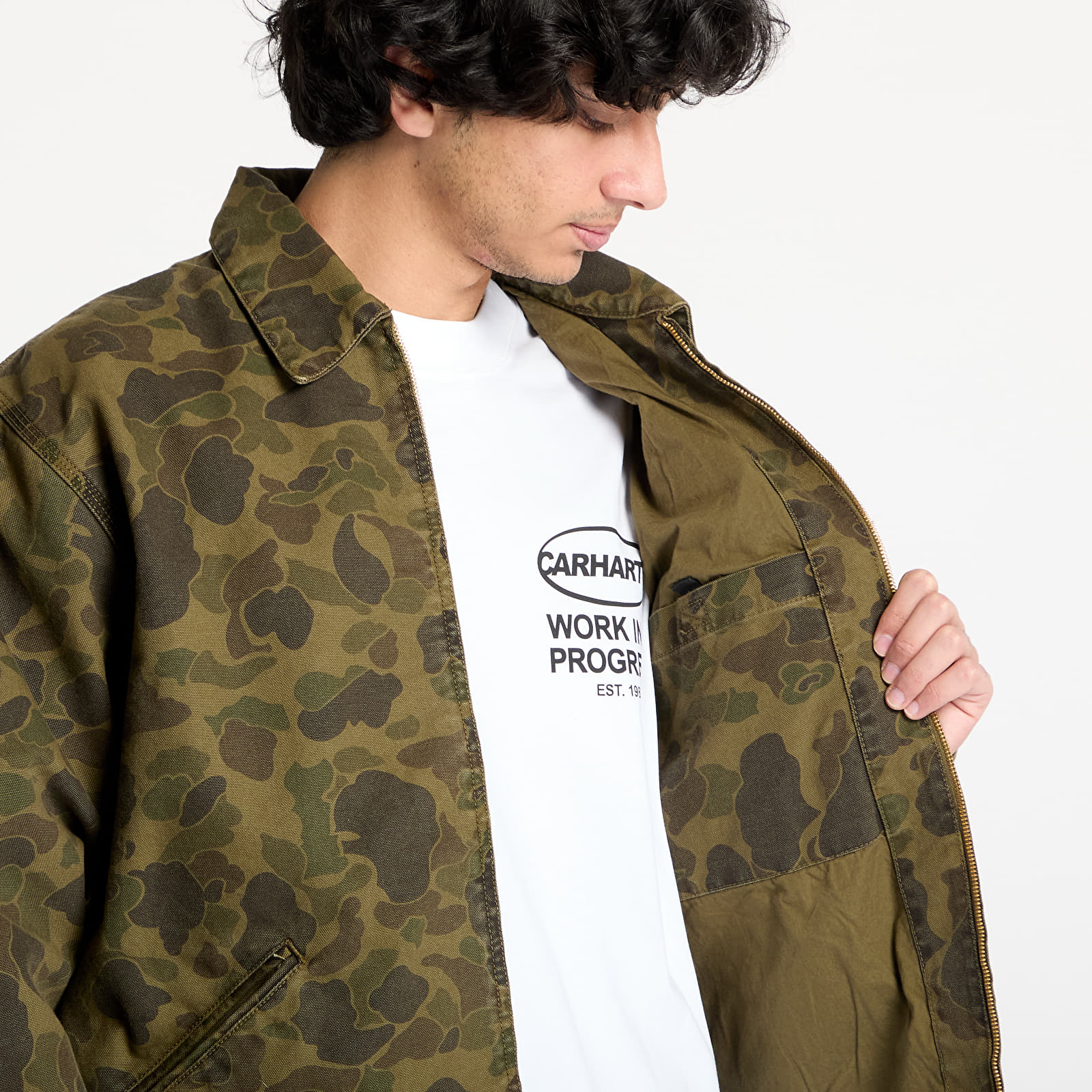 Kurtki męskie Carhartt WIP Duck Detroit Jacket UNISEX Camo Duck/ Green/ Office Green Garment Dyed