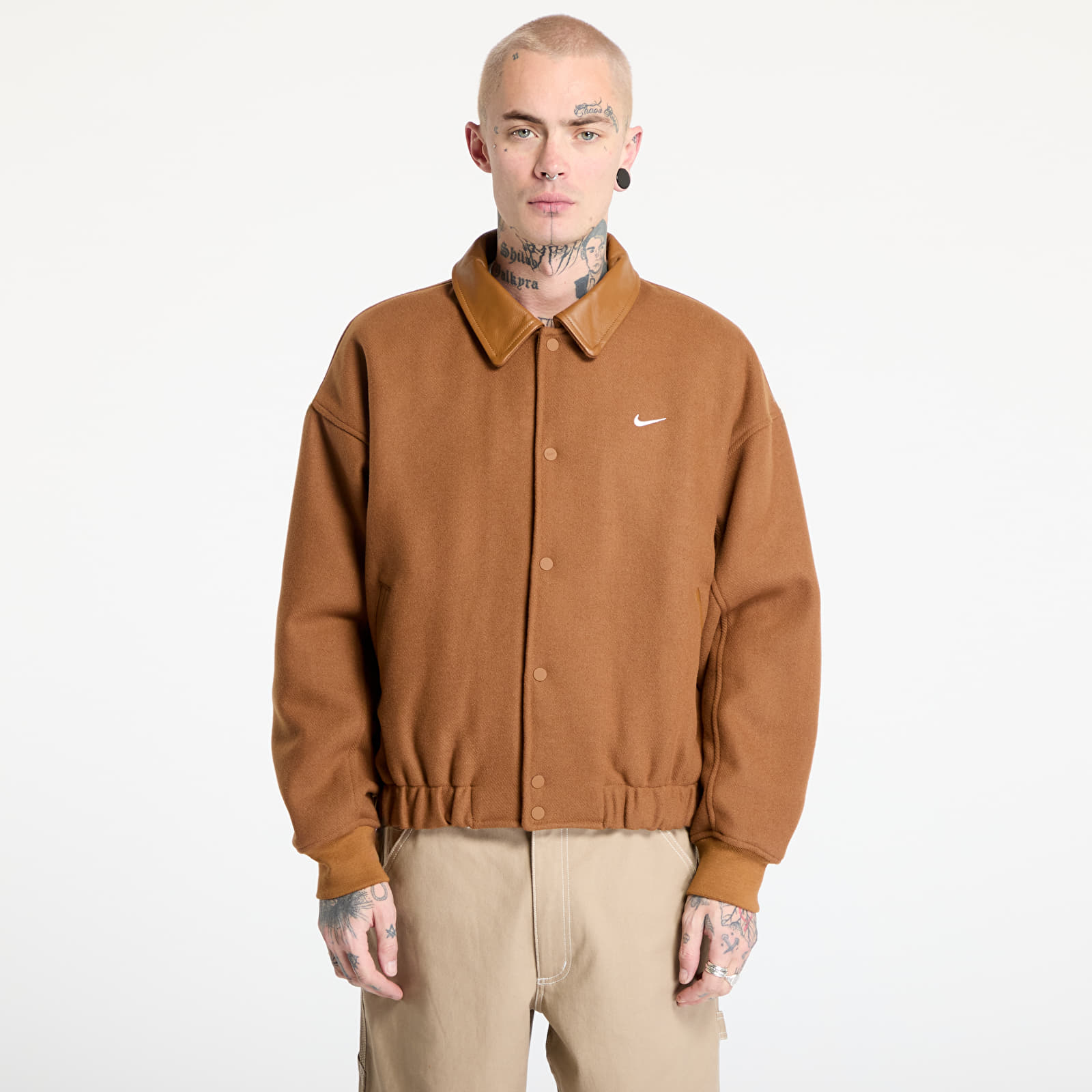 Men's jackets Nike Solo Swoosh Men's Wool Varsity Jacket Light British Tan/ Light Orewood Brown/ White