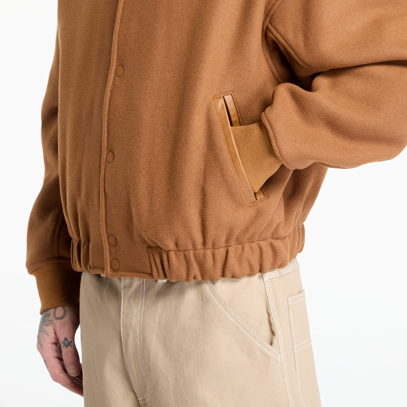 Men's jackets Nike Solo Swoosh Men's Wool Varsity Jacket Light British Tan/ Light Orewood Brown/ White