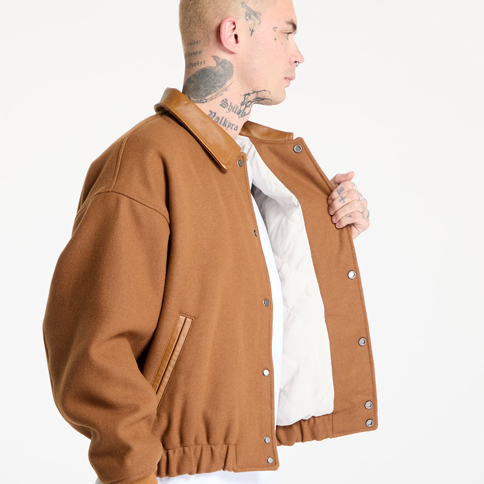Men's jackets Nike Solo Swoosh Men's Wool Varsity Jacket Light British Tan/ Light Orewood Brown/ White