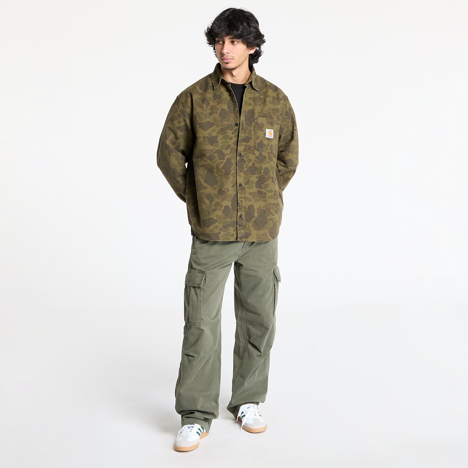 Camisas para hombre Carhartt WIP Long Sleeve Duck Shirt UNISEX Camo Duck/ Green/ Office Green Garment Dyed