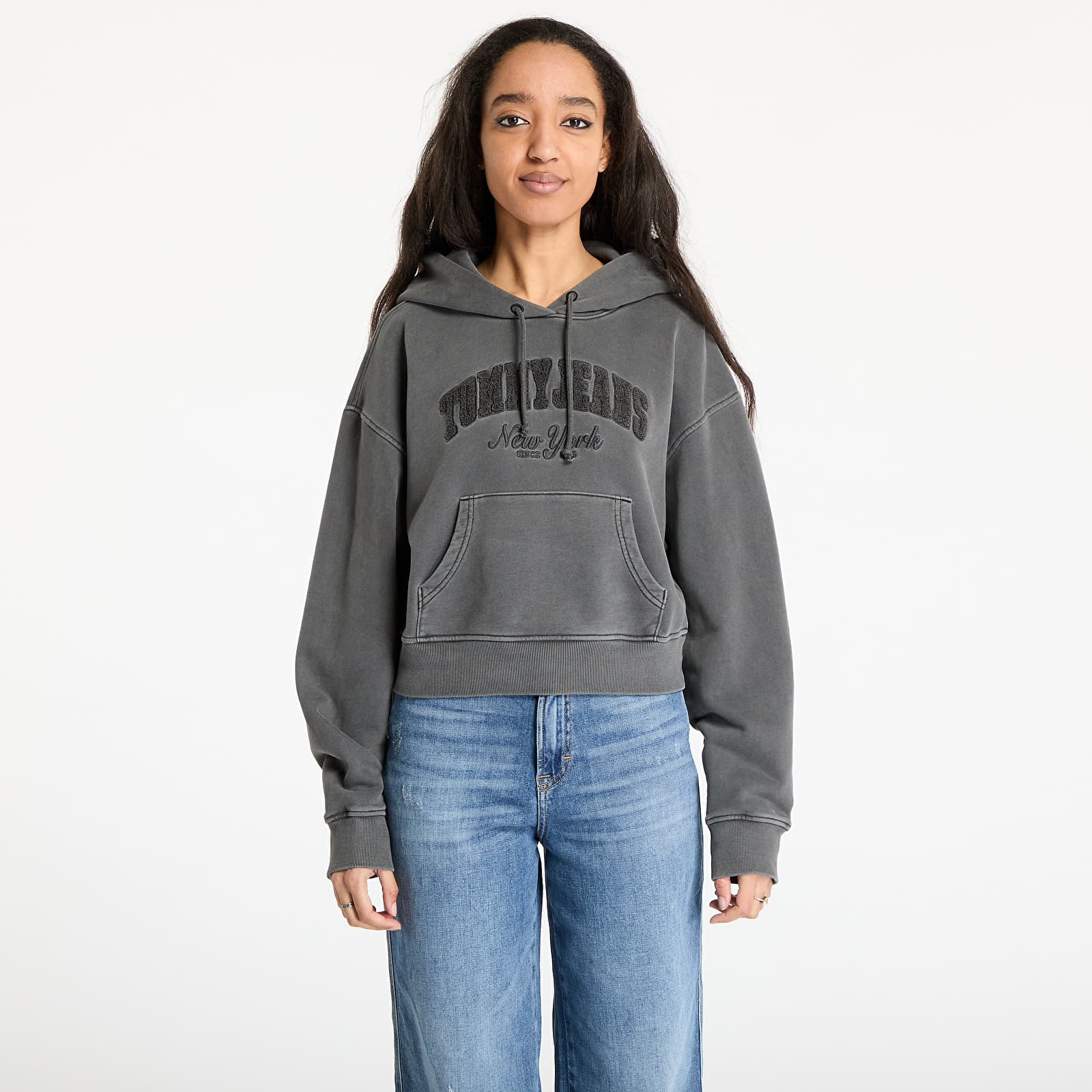 Women's Sweatshirts Tommy Jeans Boxy Crop Varsity Hoodie Black