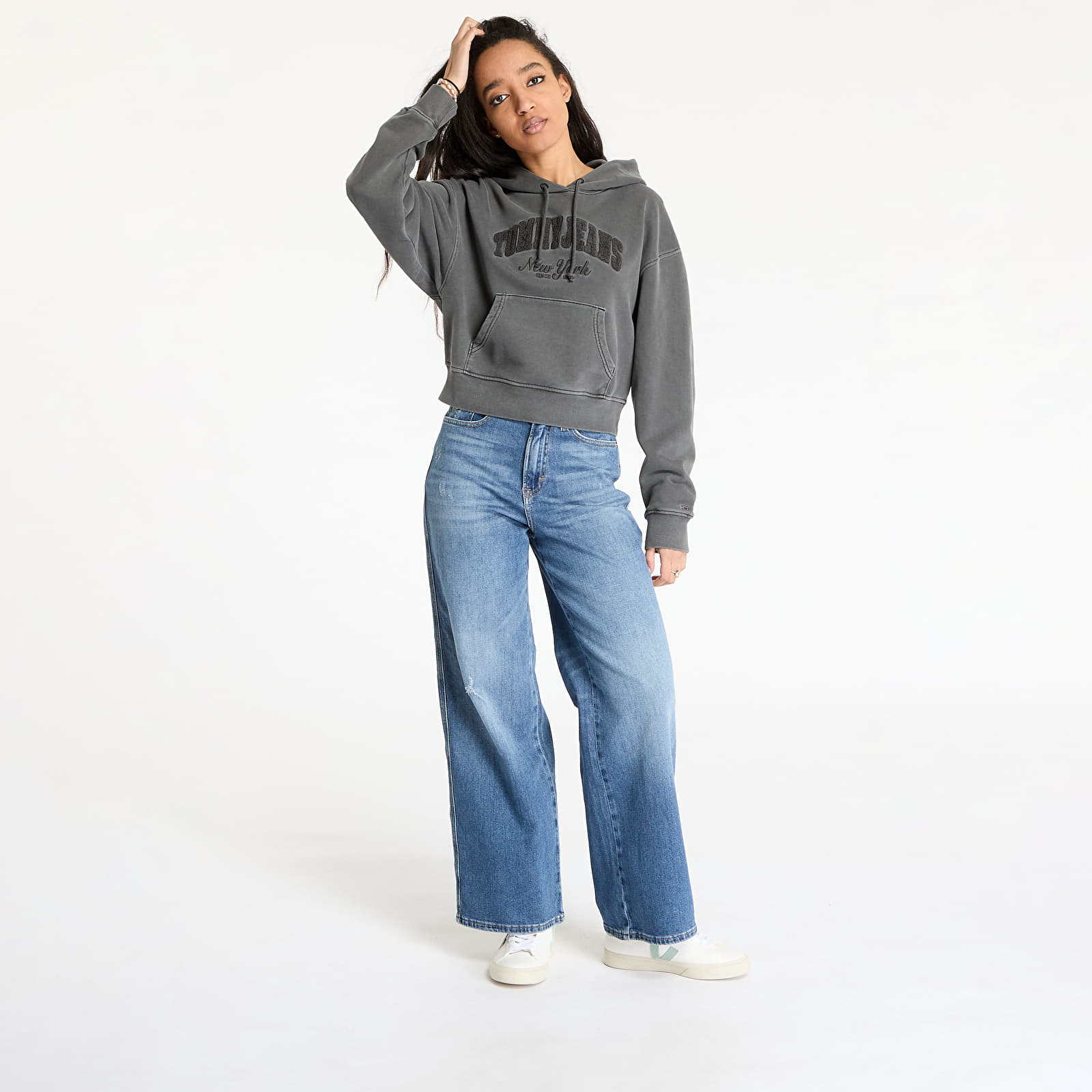 Women's Sweatshirts Tommy Jeans Boxy Crop Varsity Hoodie Black