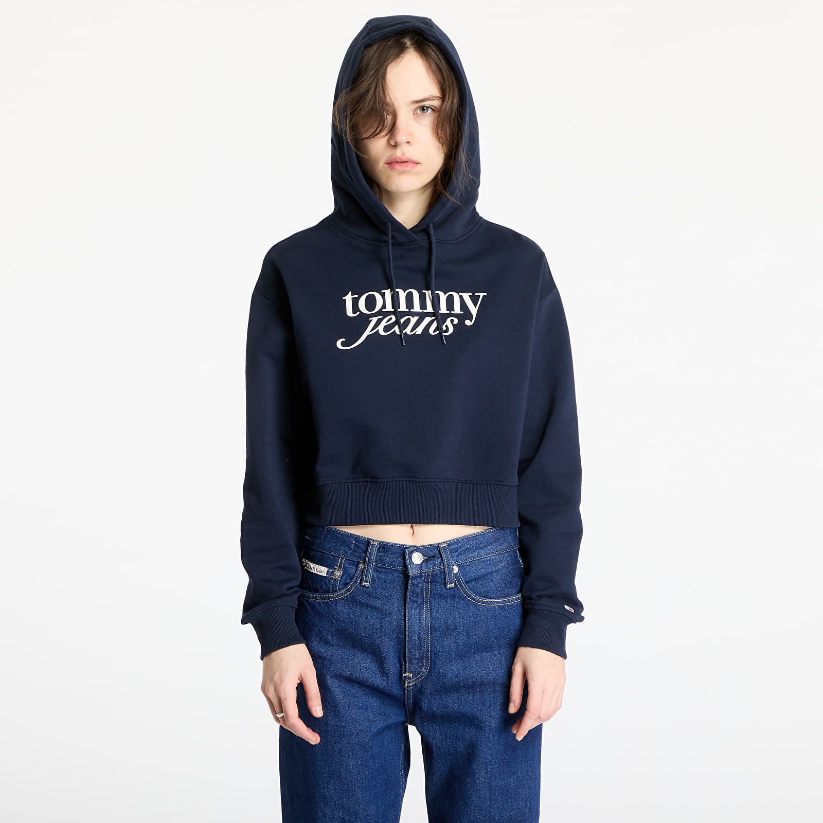 Bluzy damskie Tommy Jeans Relaxed Cropped Script Hoodie Blue