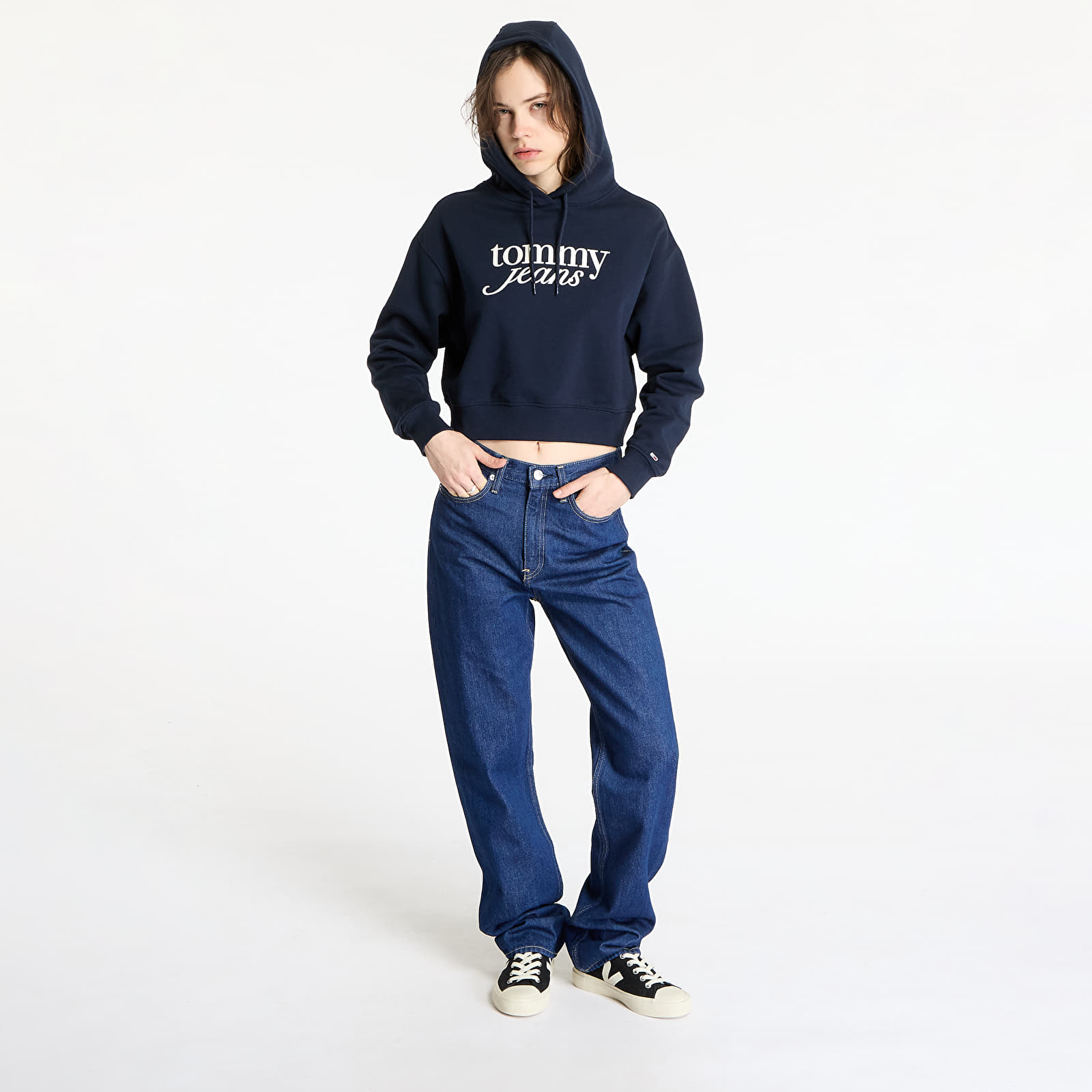 Felpe da donna Tommy Jeans Relaxed Cropped Script Hoodie Blue