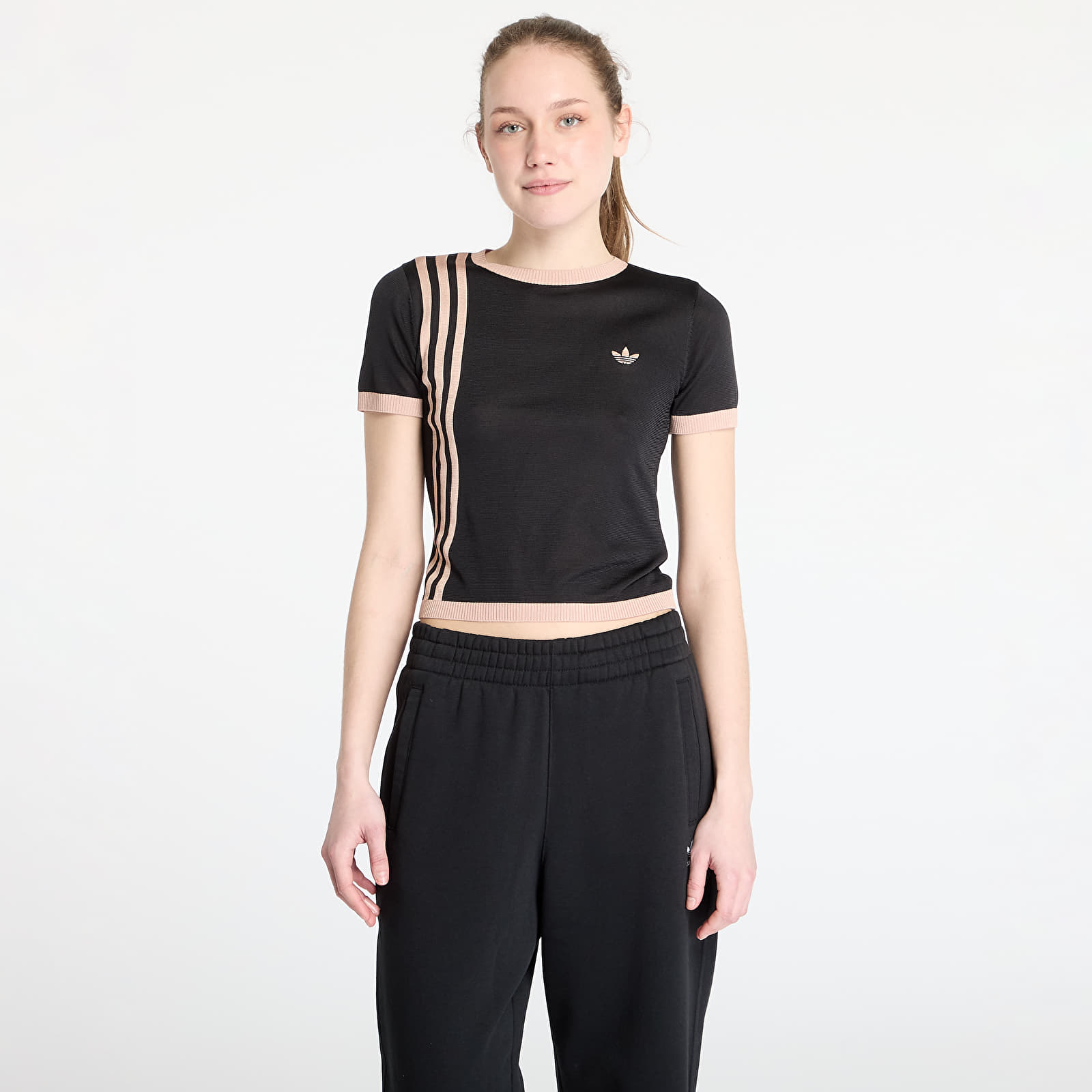 Naisten T-paidat adidas Knitted 3 Stripe Short Tee Black