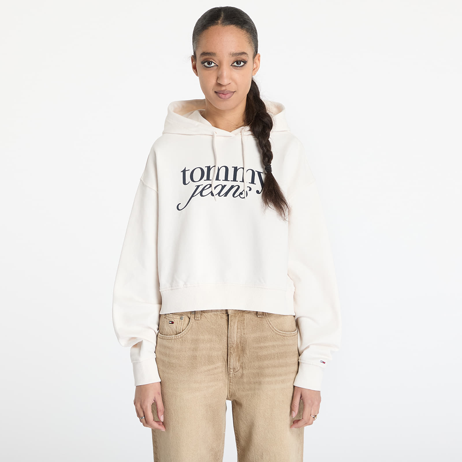 Bluzy damskie Tommy Jeans Relaxed Cropped Script Hoodie White