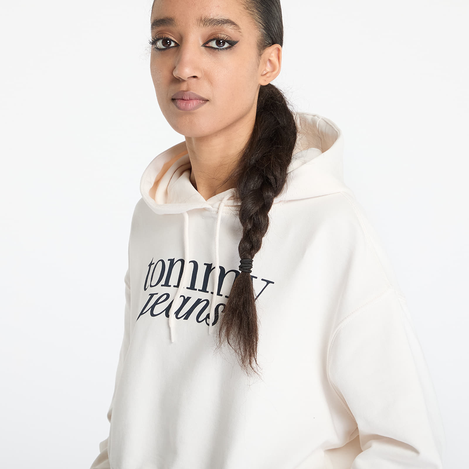 Bluzy damskie Tommy Jeans Relaxed Cropped Script Hoodie White