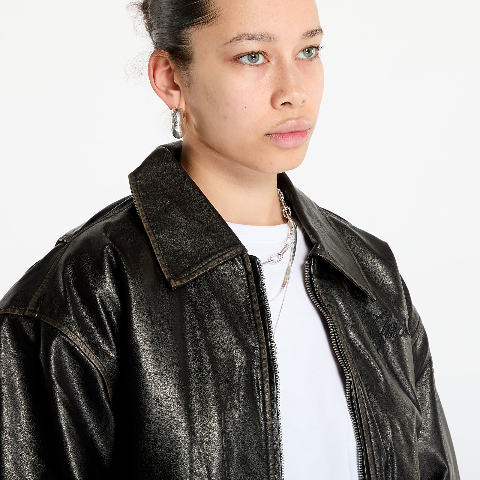 Jakas Guess Originals Pu Distress Leather Bomber Jet Black Multi