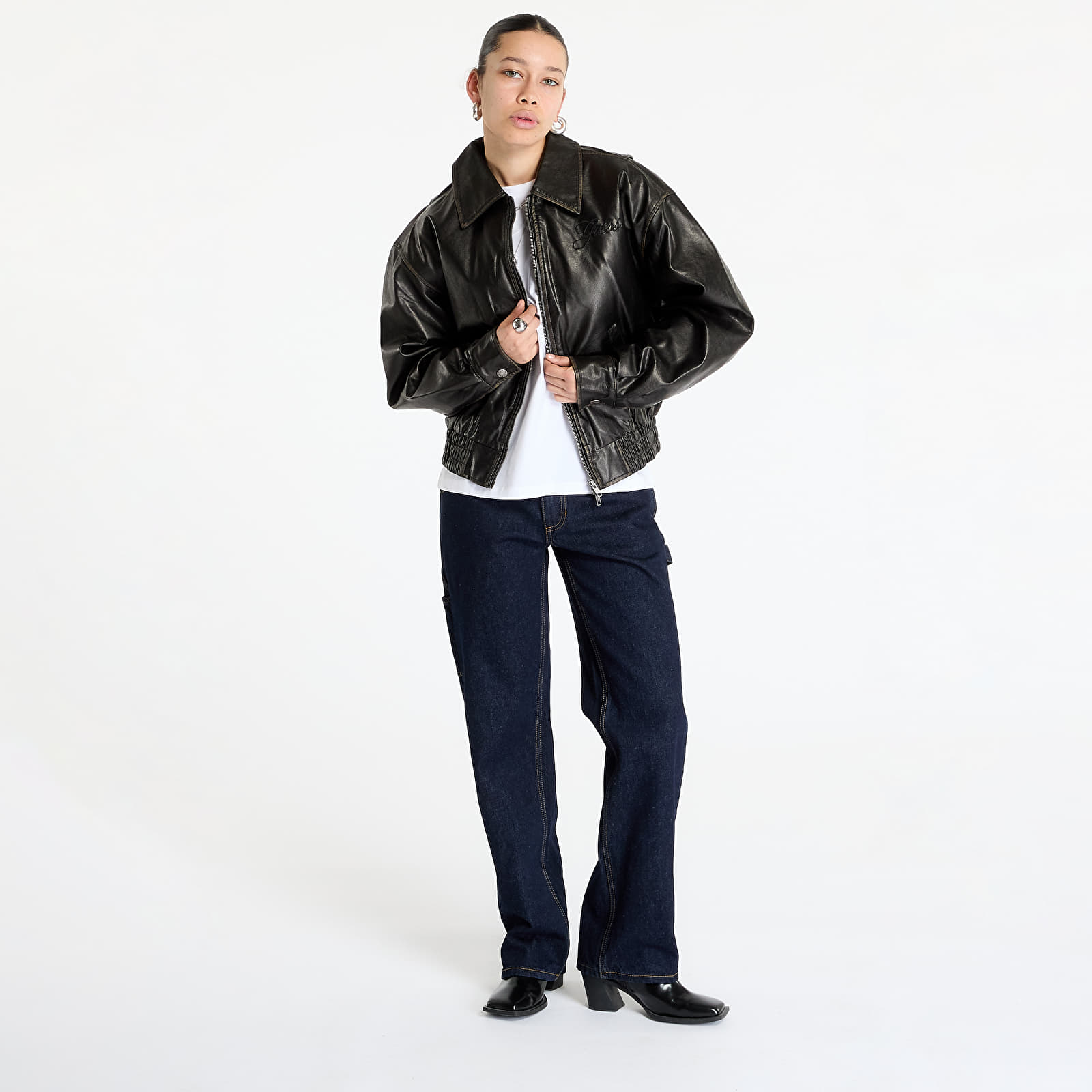 Jakas Guess Originals Pu Distress Leather Bomber Jet Black Multi