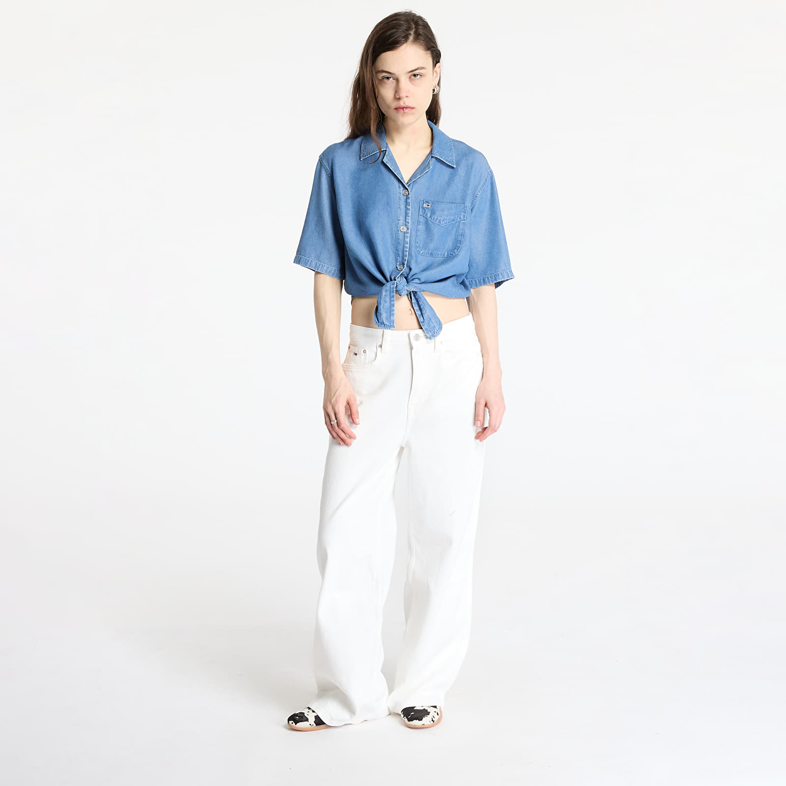 Ženske srajce Tommy Jeans Chambray Tie Shortsleeve Shirt Denim
