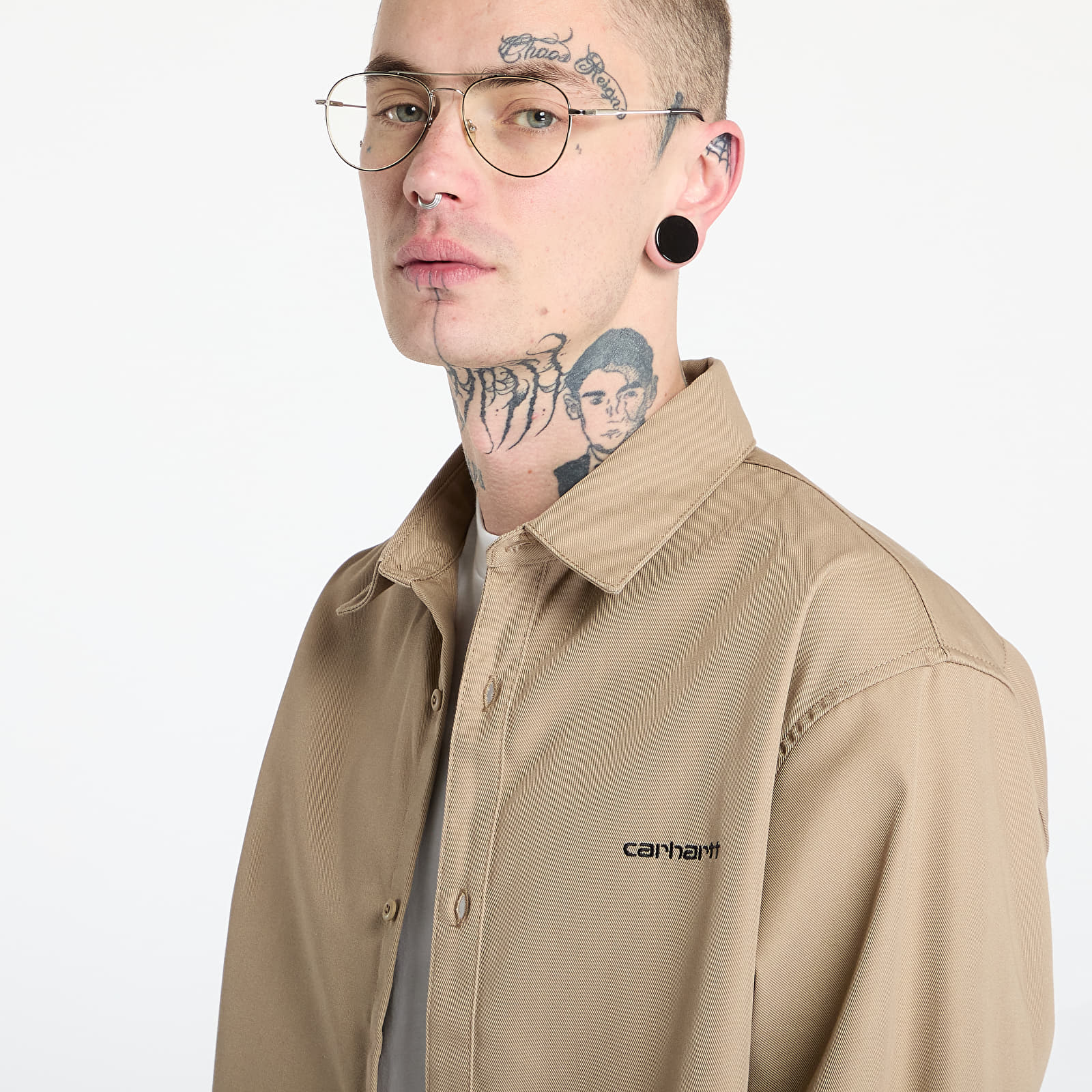 Camisas para hombre Carhartt WIP Longsleeve Module Script Shirt UNISEX Leather/ Black Rigid
