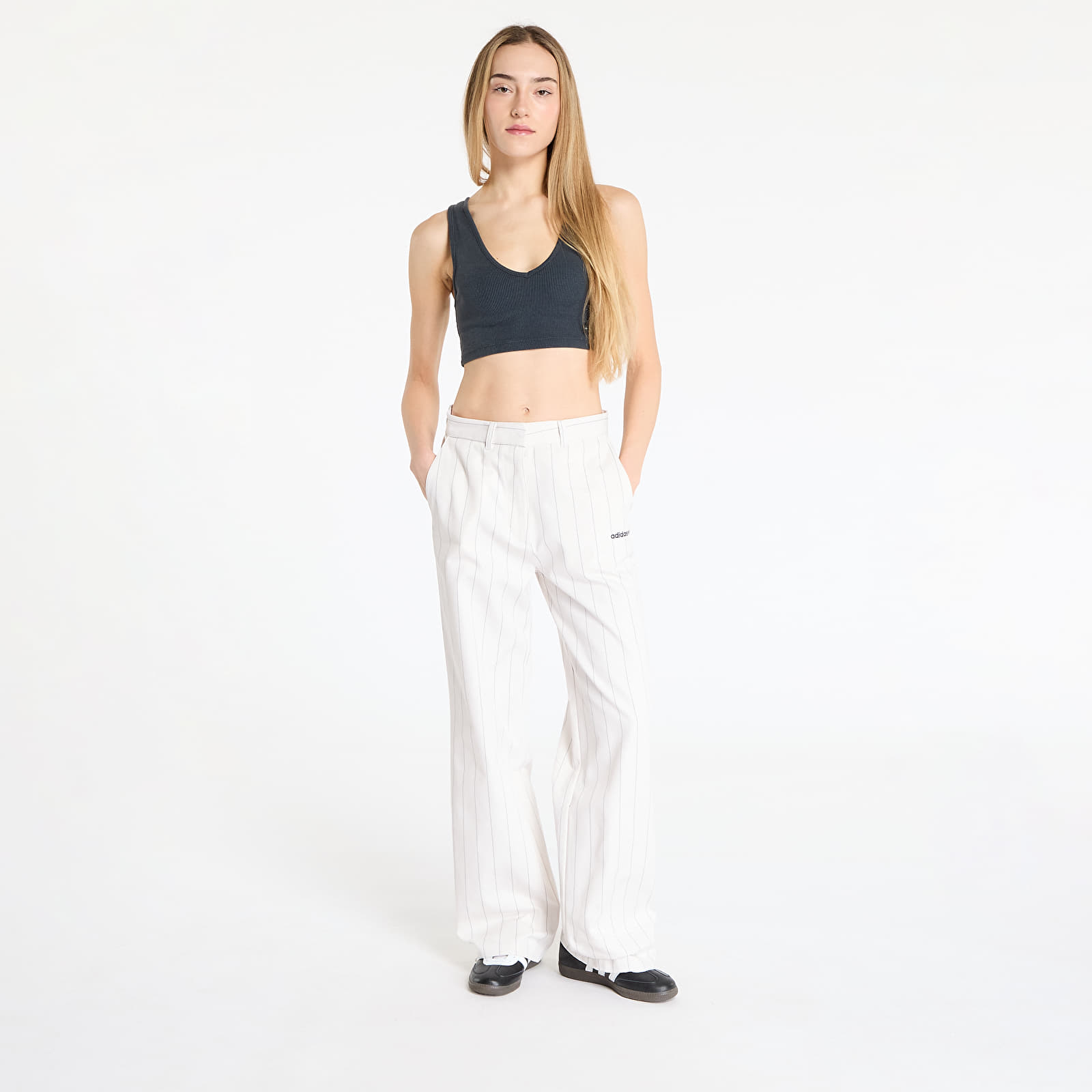 Women's Trousers adidas Pinstripe Twill Loose Pants White/ Off White/ Night Indigo