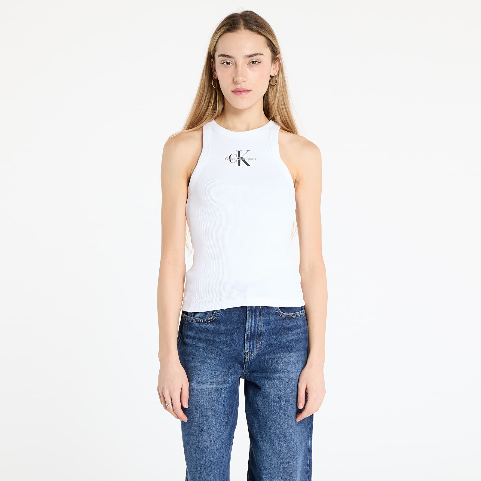 Ženske majice s kratkimi rokavi Calvin Klein Jeans Monologo Rib Tank Top White