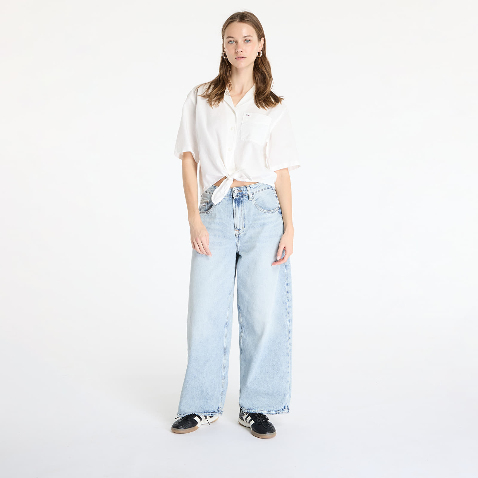 Koszule damskie Tommy Jeans Crop Linen Shortsleeve Shirt White