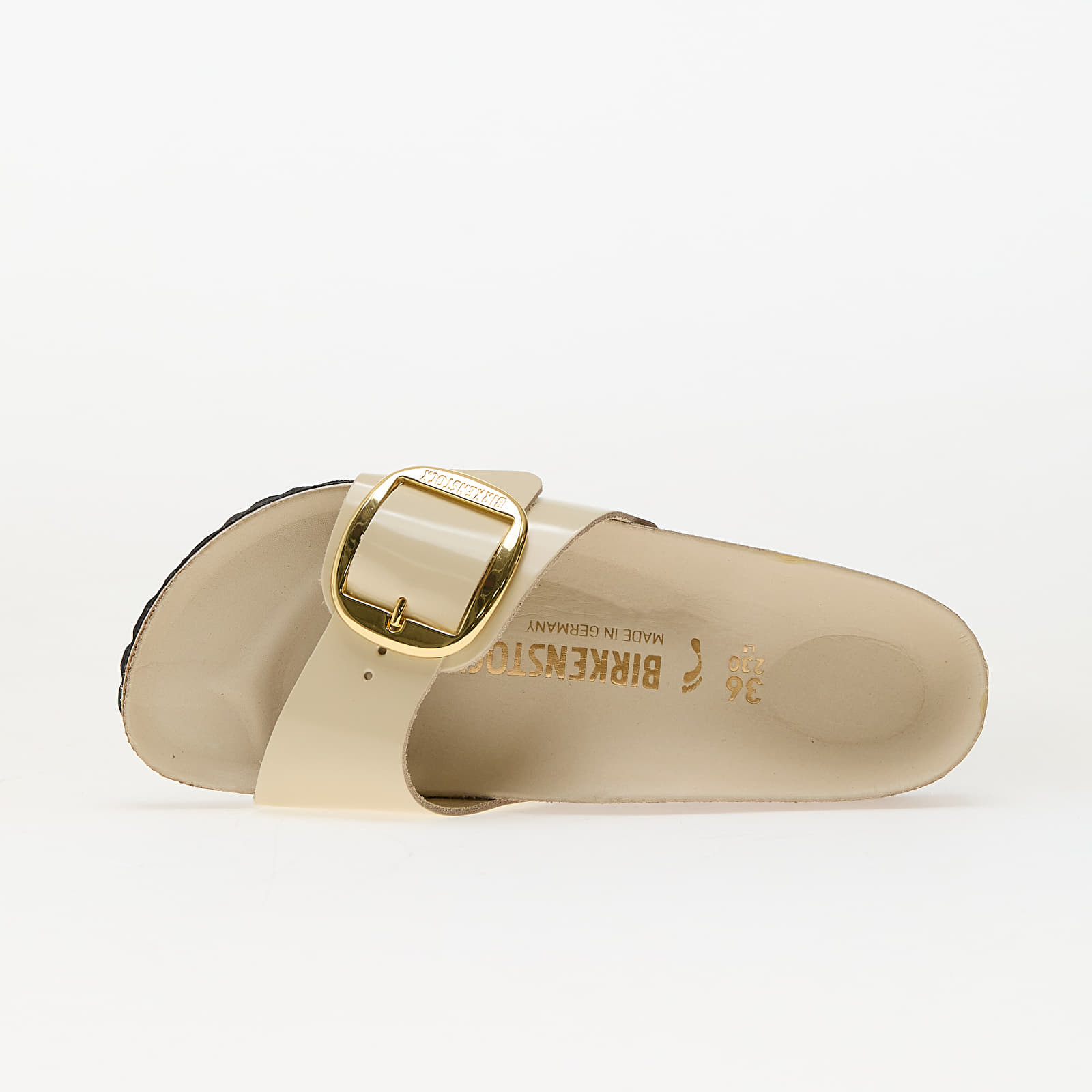 Women's sneakers and shoes Birkenstock Madrid Big Buckle Natural Leather Patent High-Shine Ecru