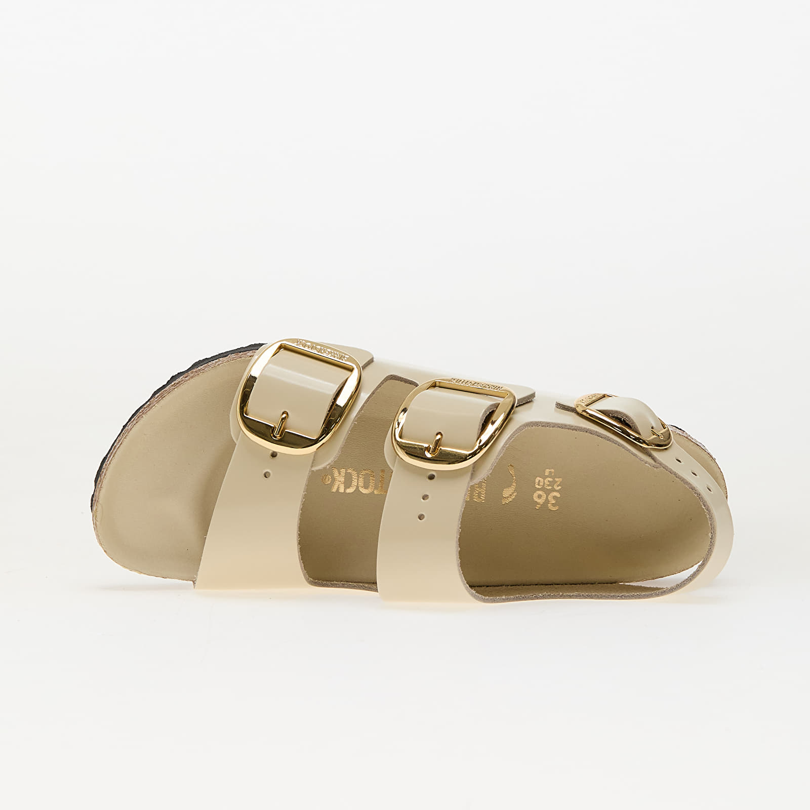 Zapatillas y zapatos de mujer Birkenstock Milano Big Buckle Natural Leather Patent High-Shine Ecru