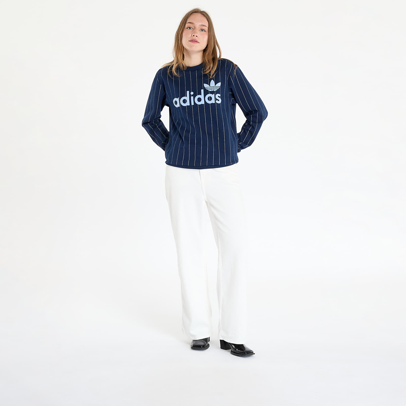 Sudaderas de mujer adidas Pinstripe Graphic Sweatshirt Blue/ Night Indigo/ Off White