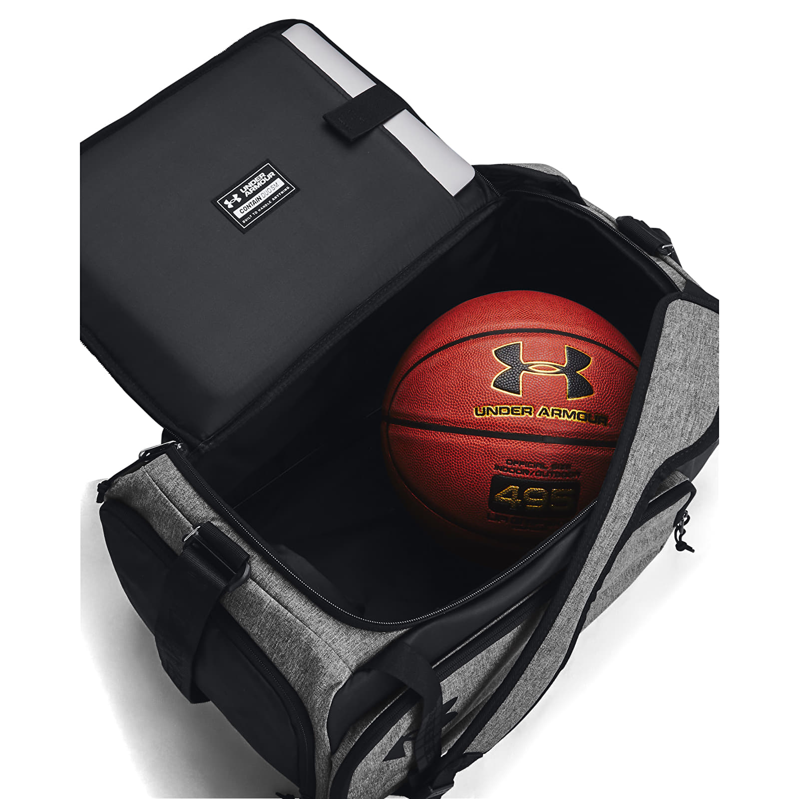 Duffle taske Under Armour Contain Duo SM BP Duffle Castlerock Medium Heather/ Black/ White