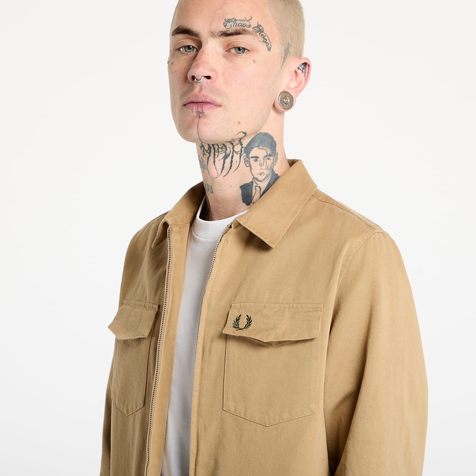 Camisas para hombre FRED PERRY Twill Zip-Through Overshirt Warm Stone