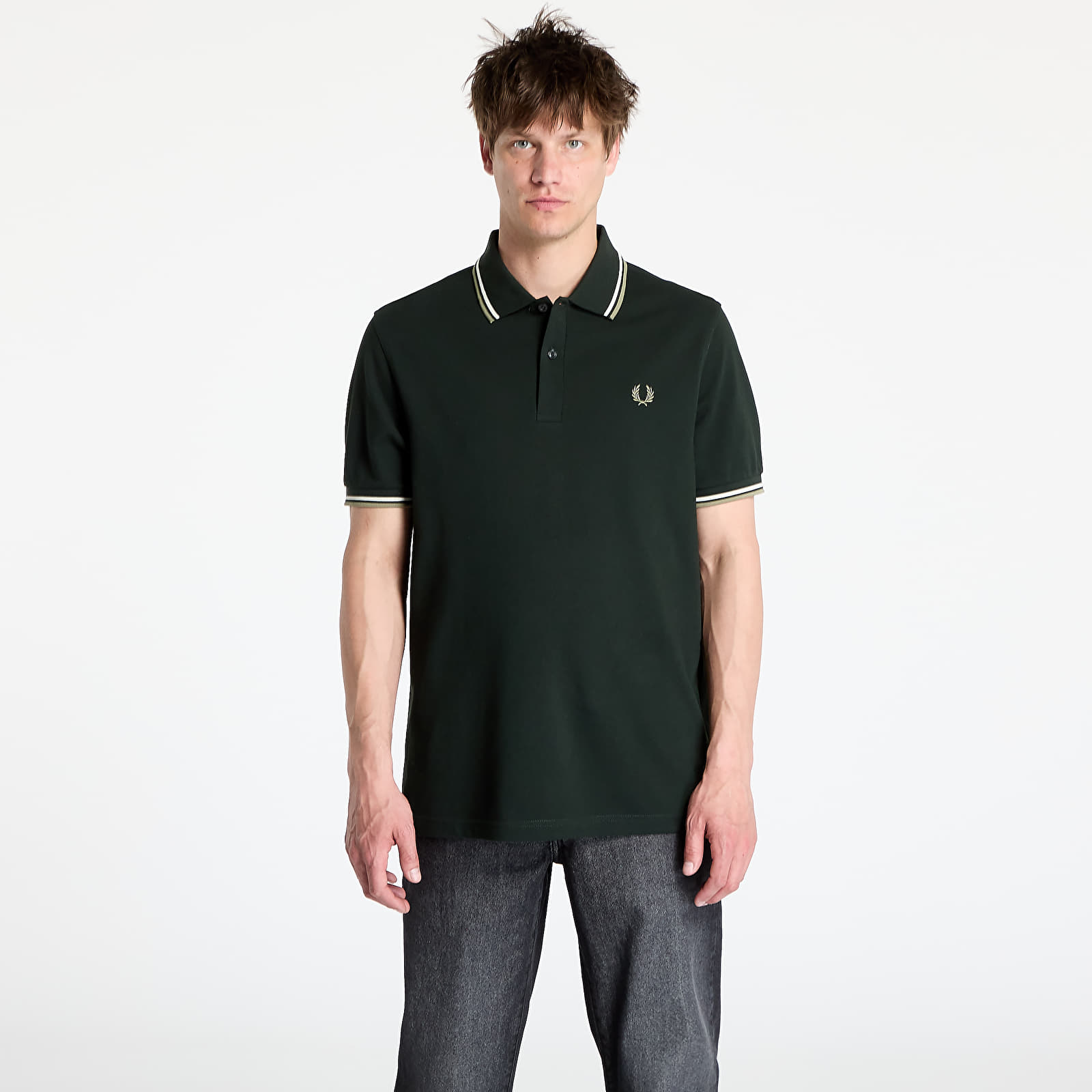 Polo trička FRED PERRY Twin Tipped Shirt Night Green/ Light Ecru/ Olive Mint