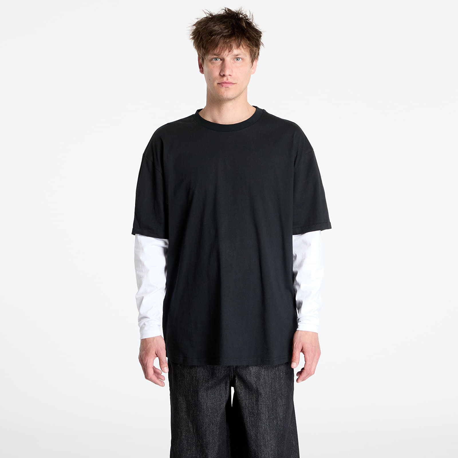 Trička Urban Classics Oversized Shaped Double Layer LS Tee Black/ White