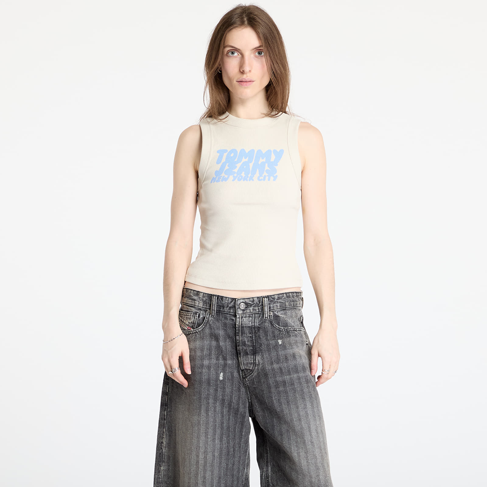 Ženske majice s kratkimi rokavi Tommy Jeans Slim Bubble Tank Top Beige