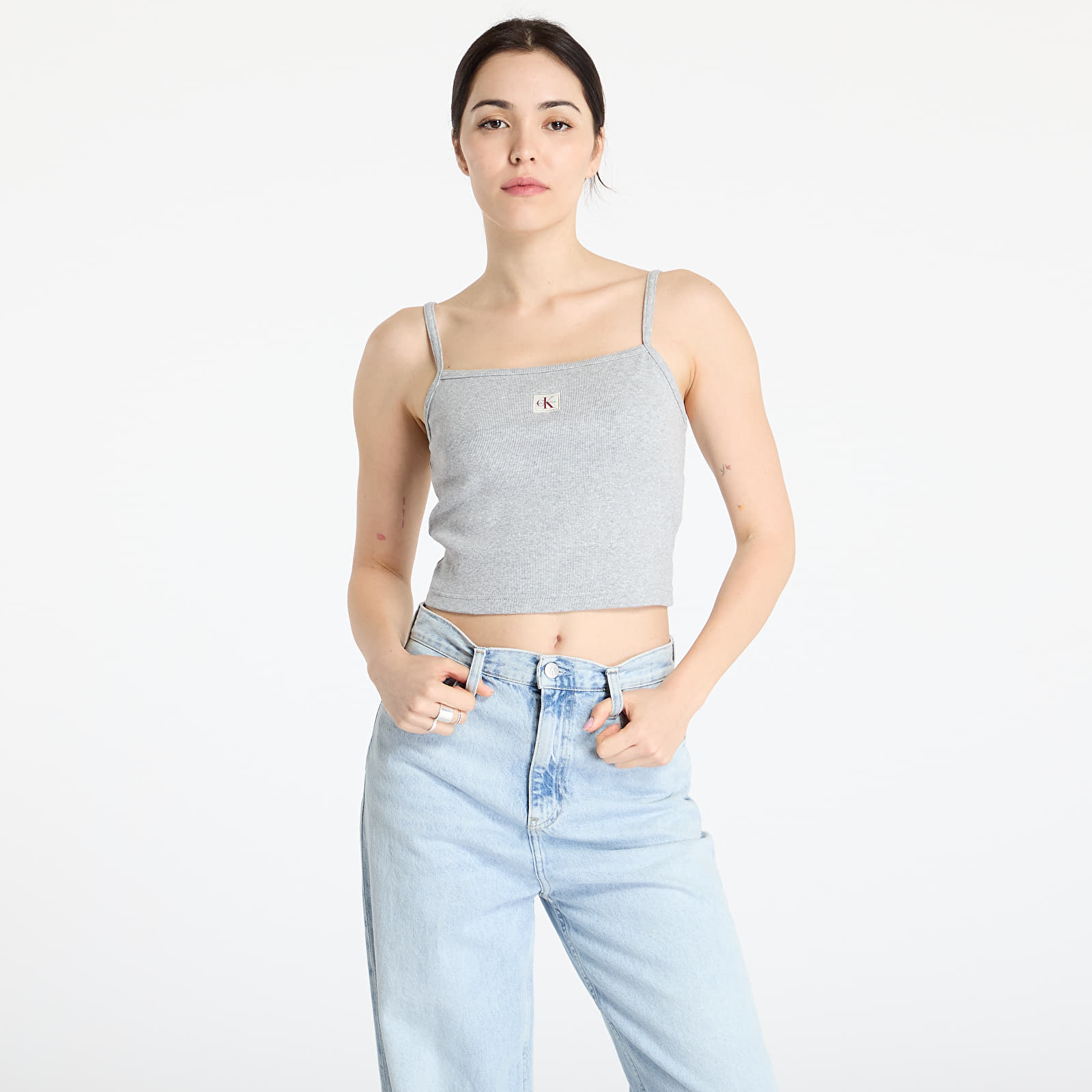 Moteriški marškinėliai Calvin Klein Jeans  Woven Label Rib Crop Gray