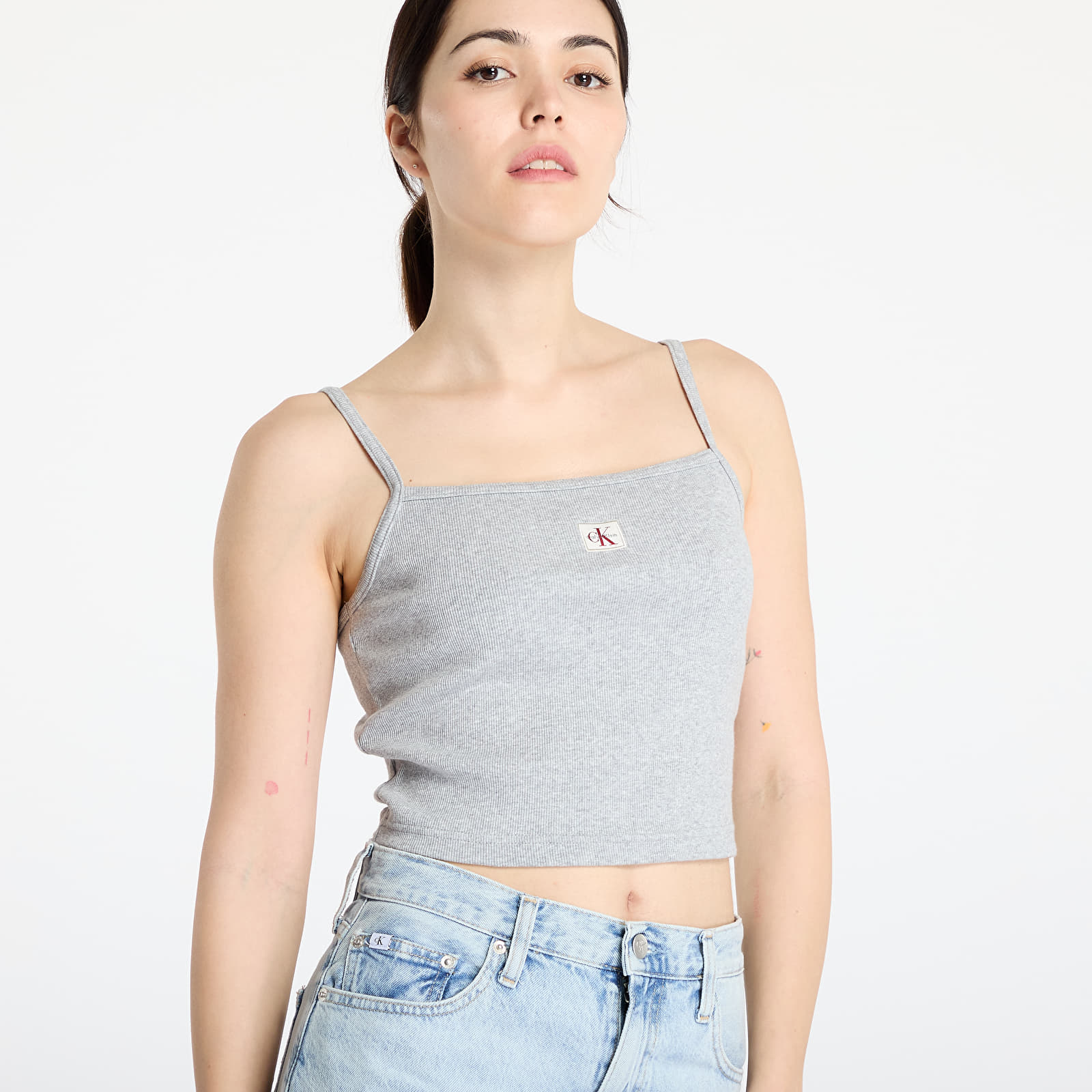 Moteriški marškinėliai Calvin Klein Jeans  Woven Label Rib Crop Gray